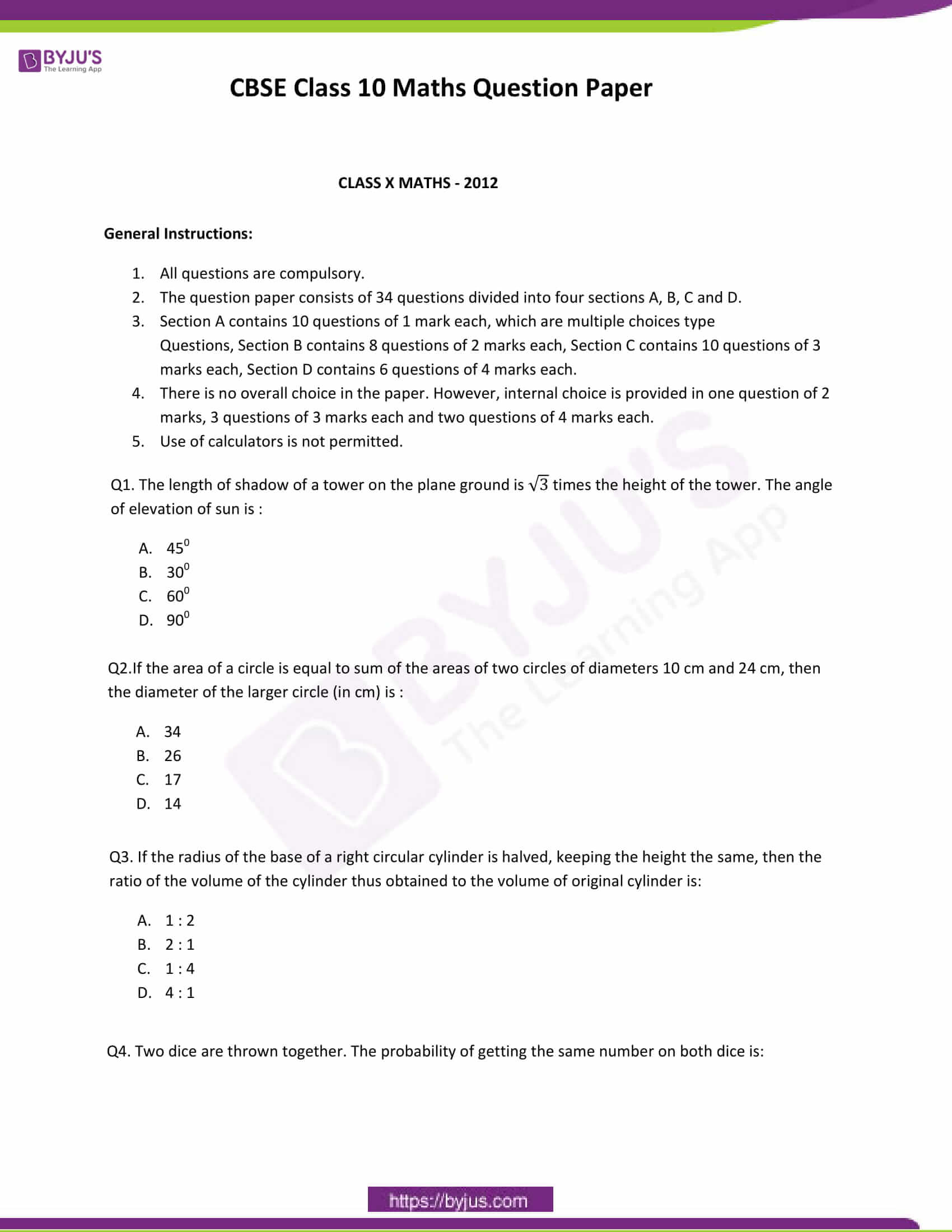 CBSE Class 10 Maths Question Papers 2012 1