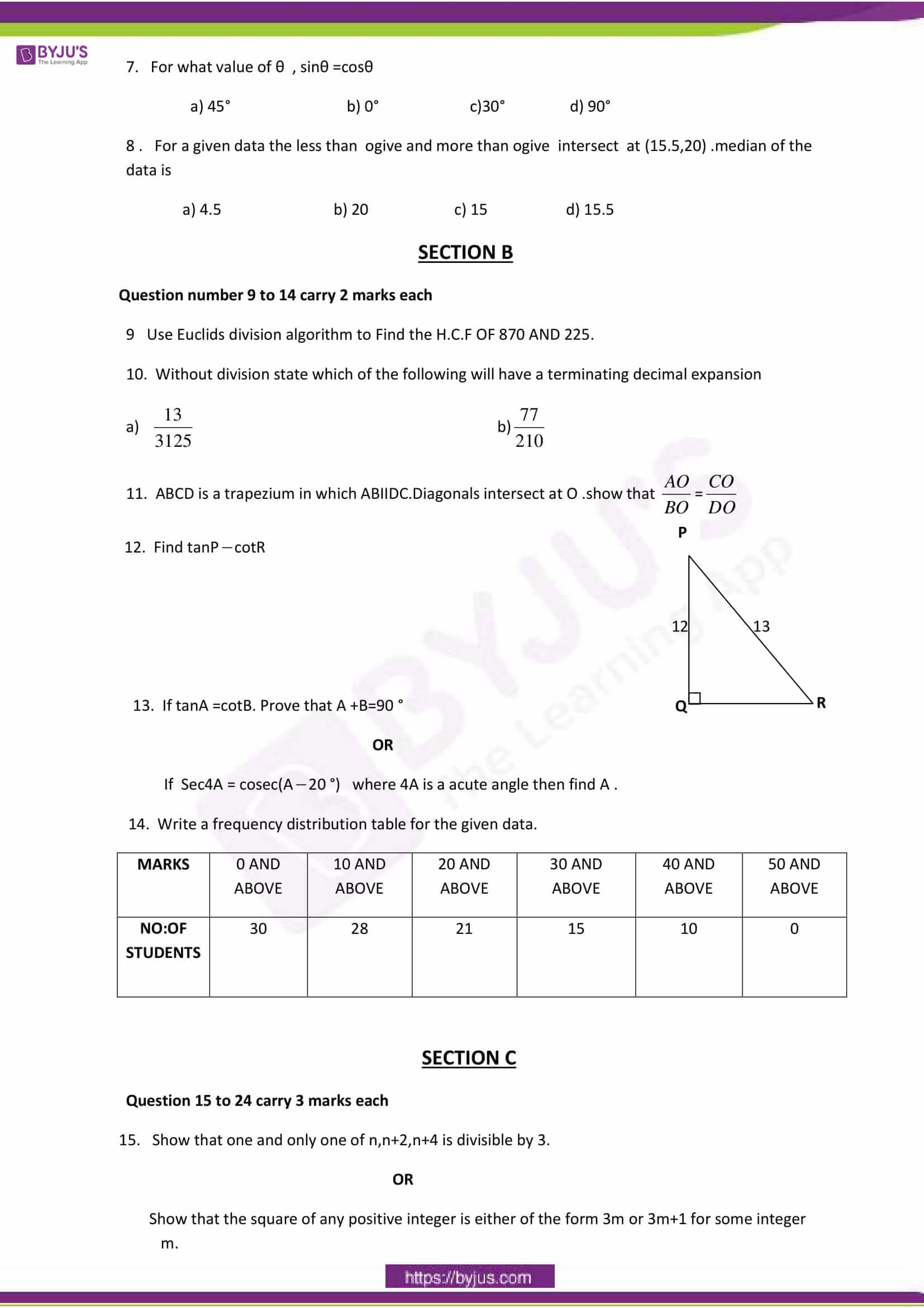 Grade 6 Ns Paper   CBSE Class 10 Maths SA 1 Sample Paper Set 01 2 