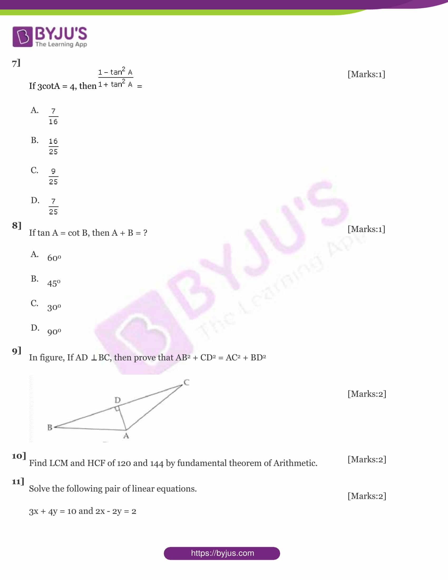 Cbse class 10 maths sample paper set 7