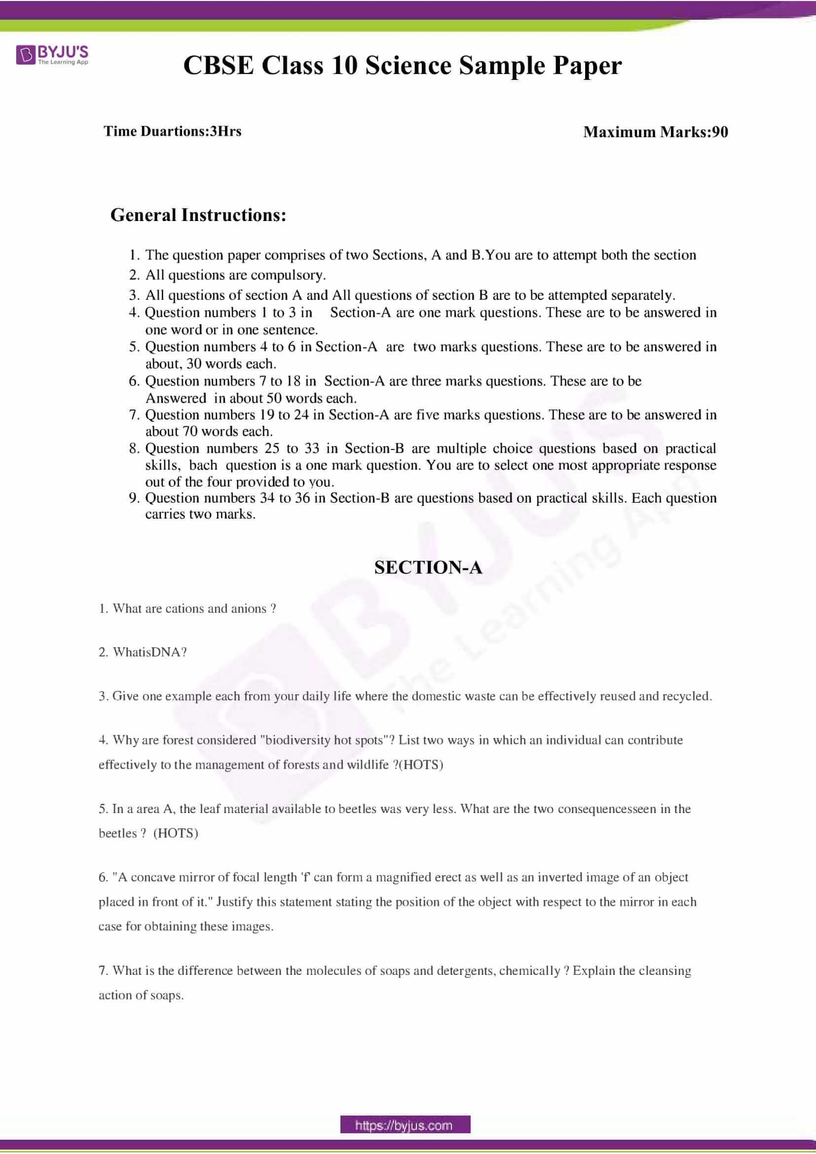 CBSE Class 10 Science Sample Paper Set 2 Download PDF