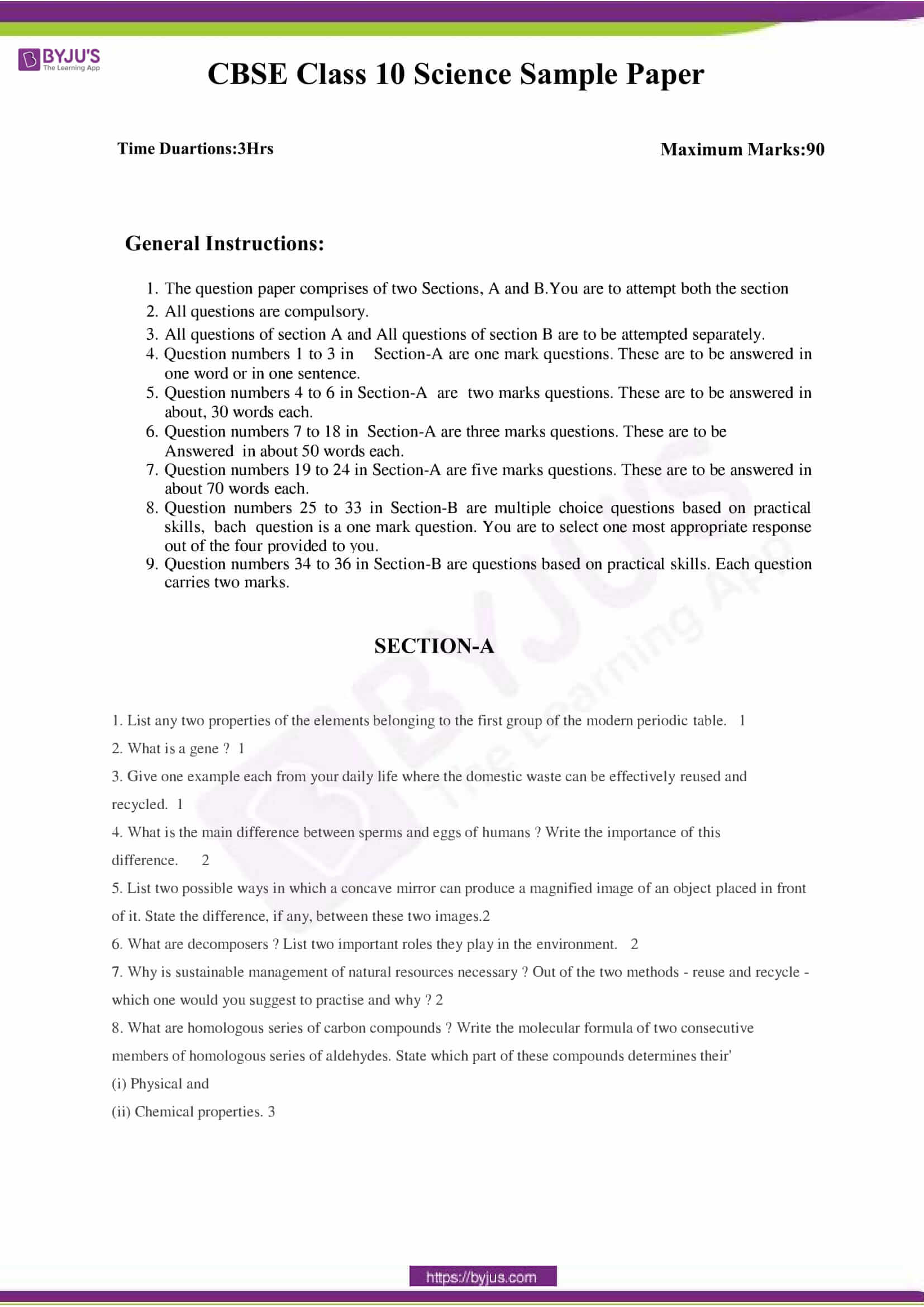 CBSE Class 10 Science Sample Paper Set 5 Downlaod Now