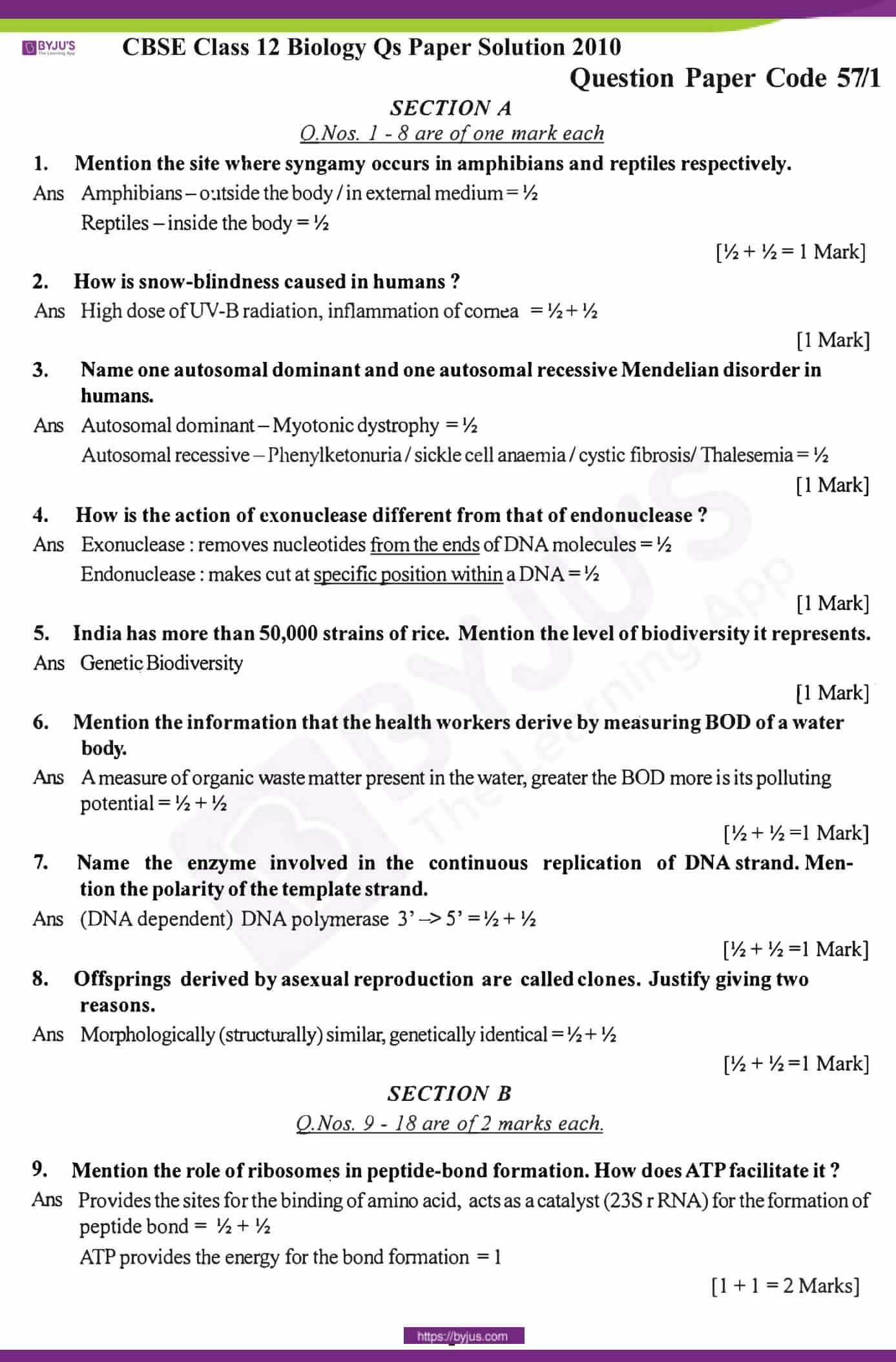 cbse class 12 biology solution 2010 set 1