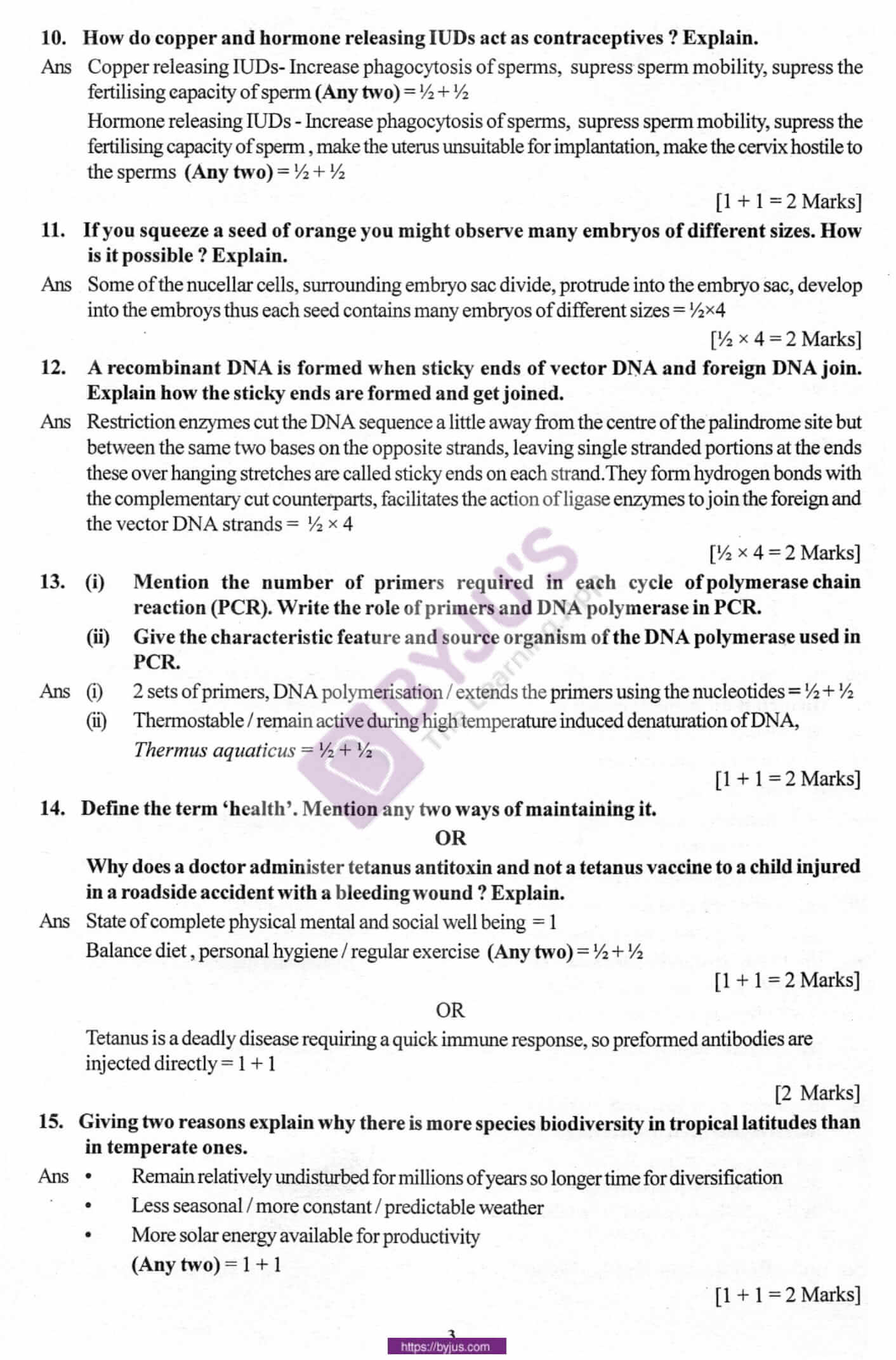 cbse class 12 biology solution 2010 set 1