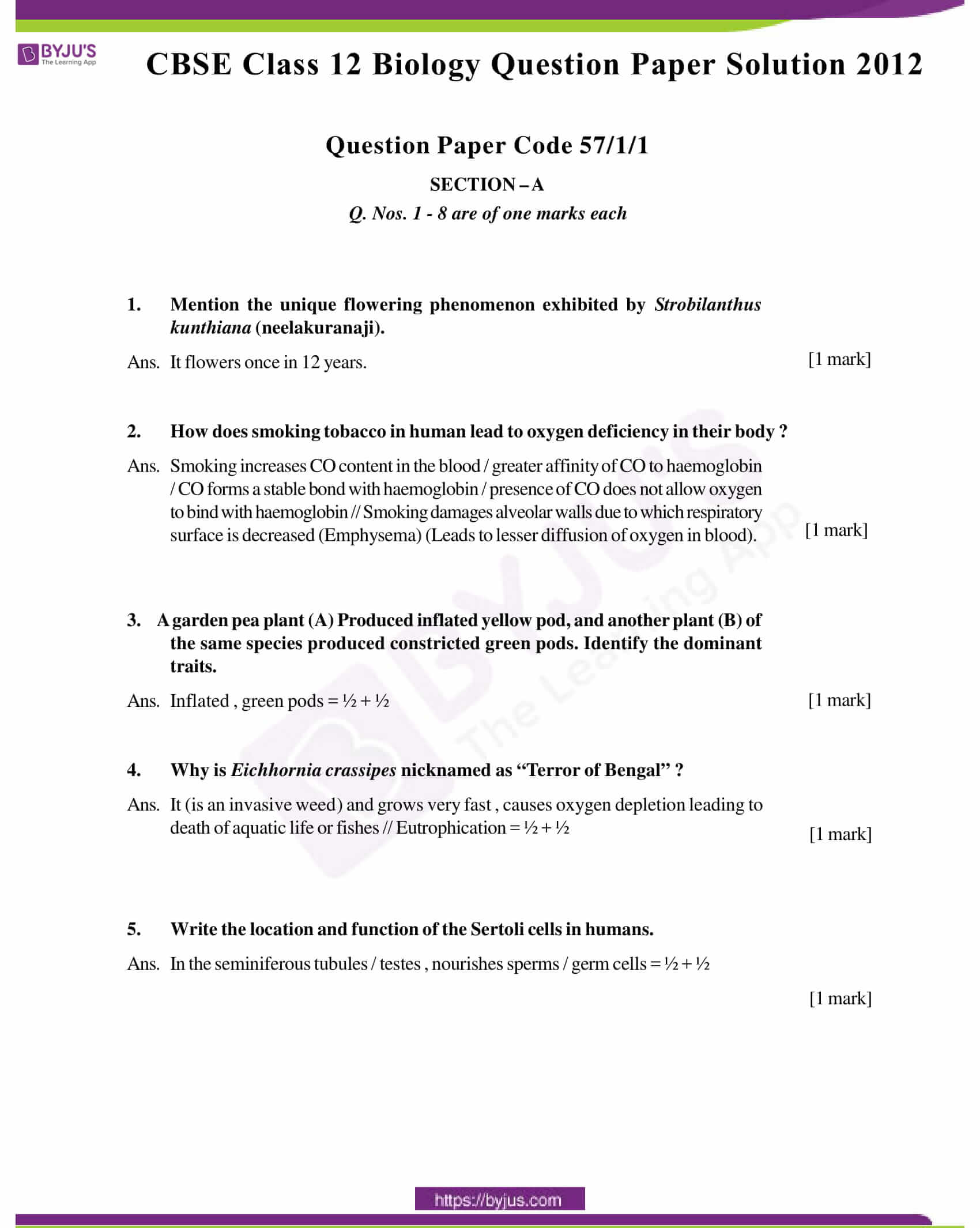 cbse class 12 biology solution 2012 set 1