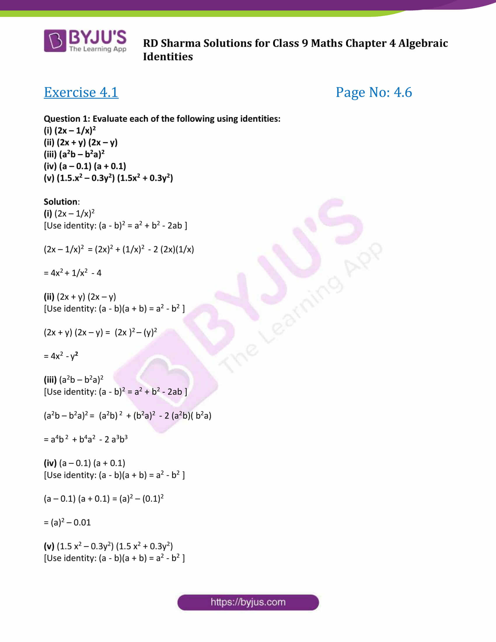 Rd Sharma Class 9 Chapter 4 Algebraic Identities Free Pdf