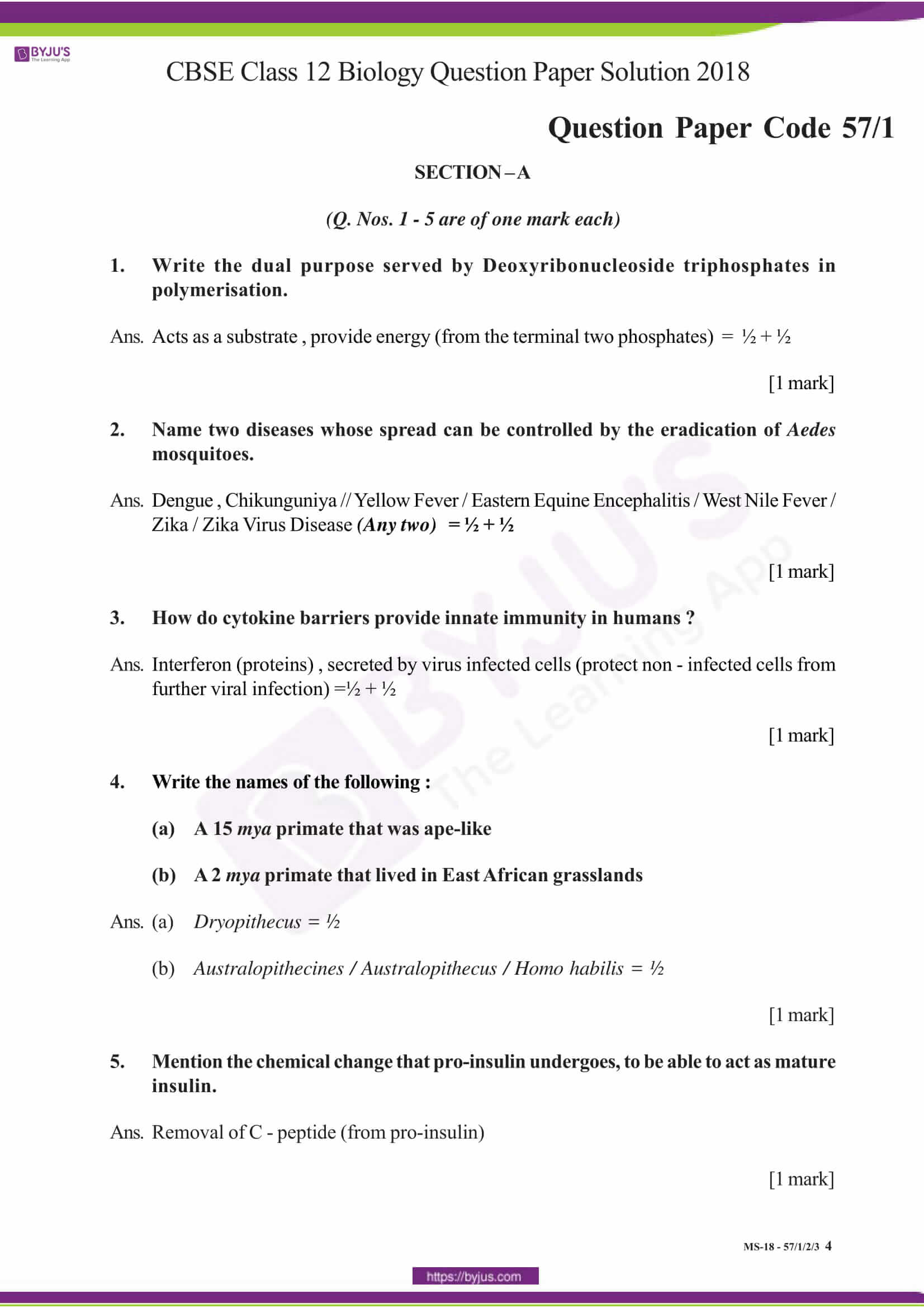 CBSE Class 12 Biology Previous Year Question Paper 2018 Solutions PDF