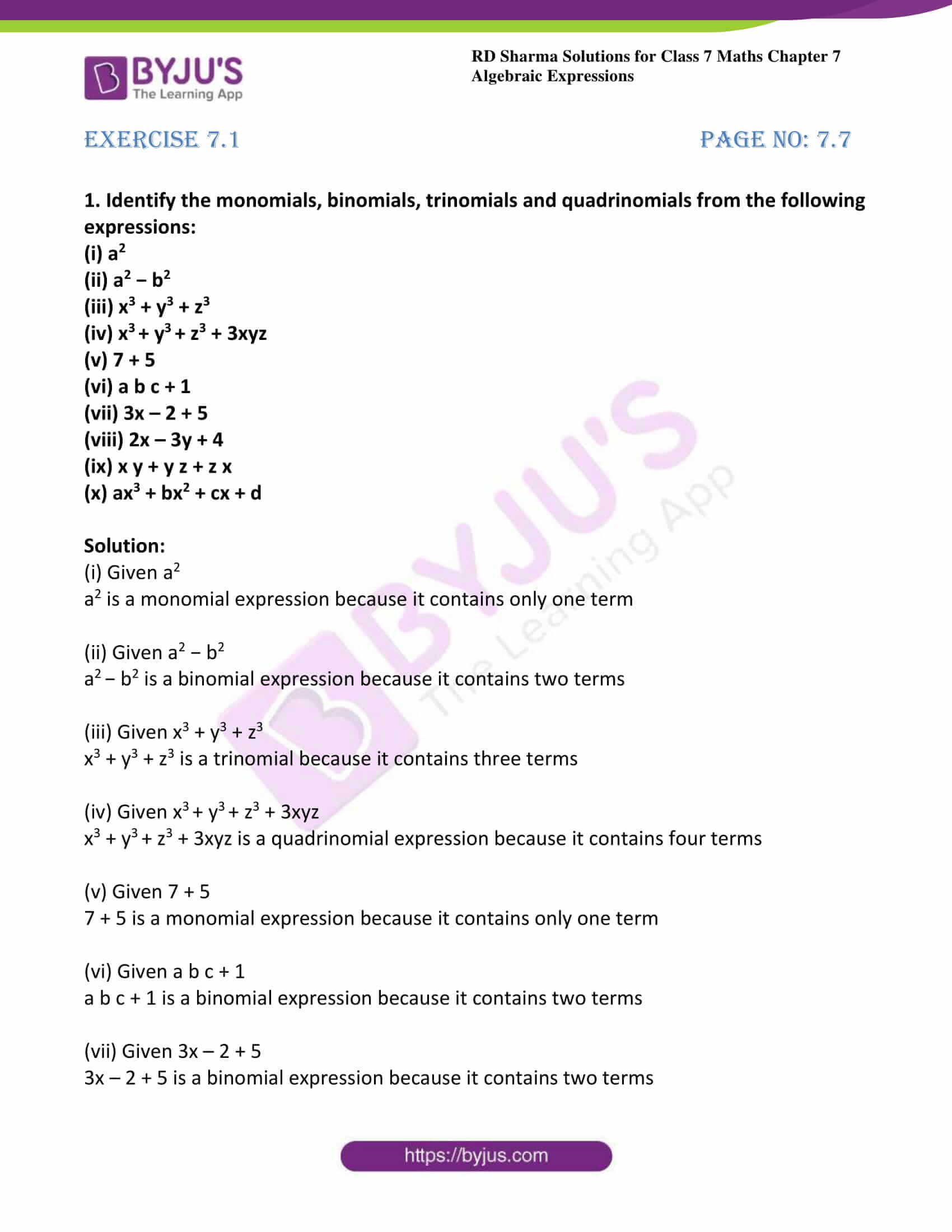 Rd Sharma Solutions For Class 7 Maths Chapter 7 Algebraic Expressions Download Free Pdf