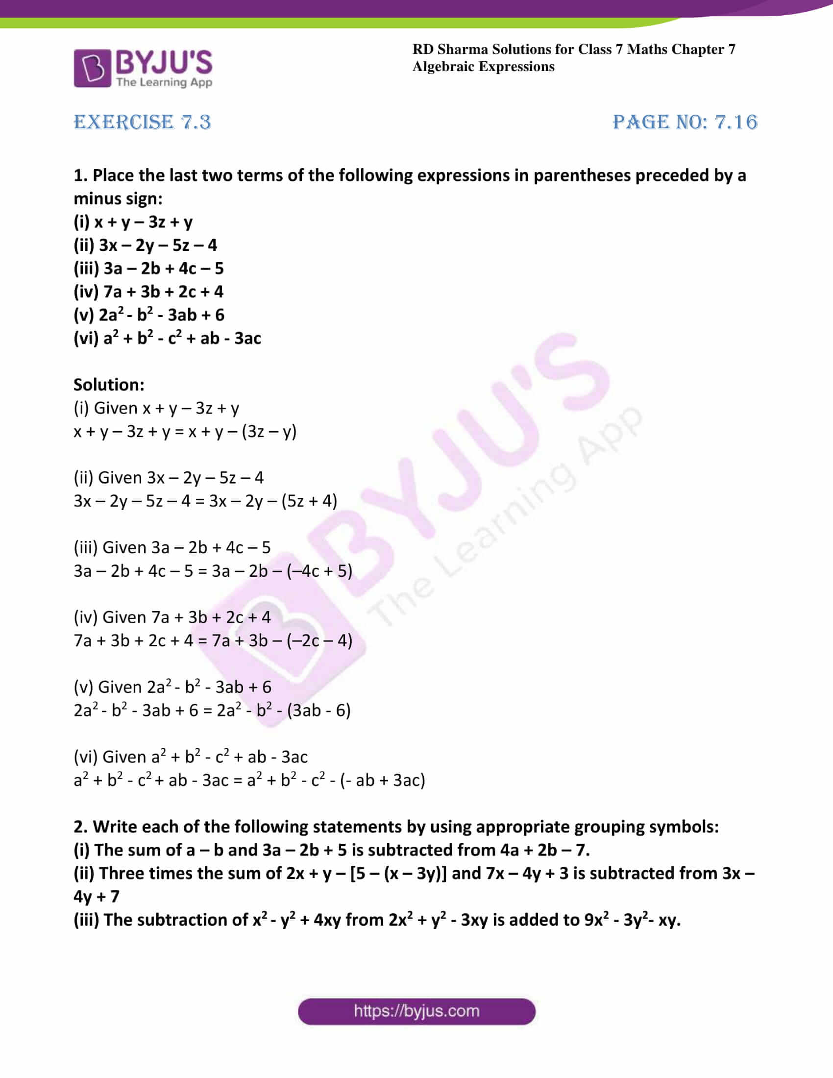 Rd Sharma Solutions For Class 7 Maths Chapter 7 Algebraic Expressions Download Free Pdf