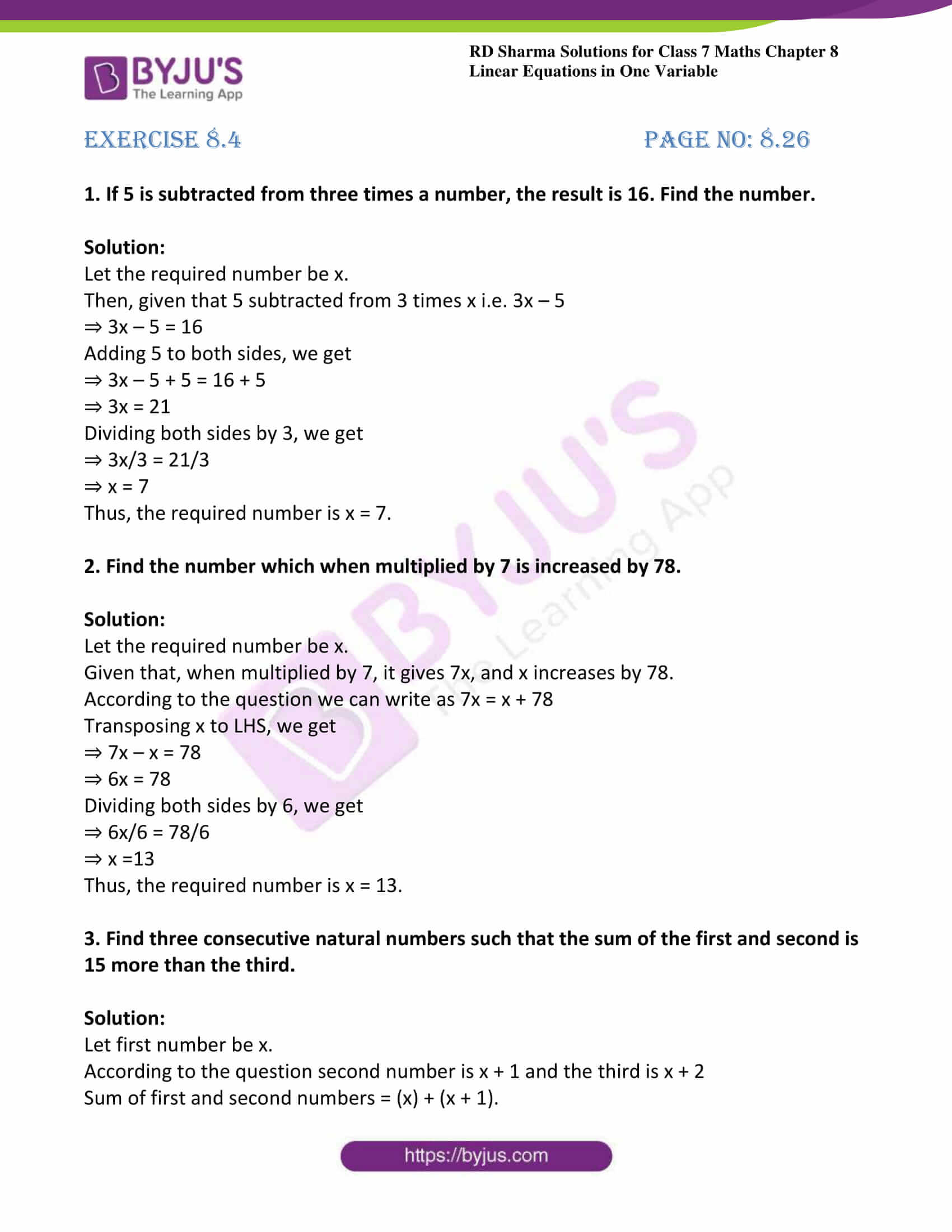 Rd Sharma Solutions For Class 7 Maths Chapter 8 Linear Equations In One Variable Exercise 8 4 Avail Free Pdf