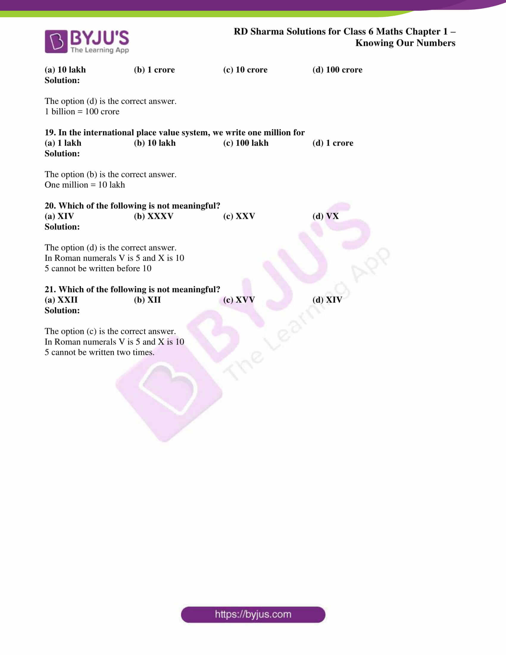 Rd Sharma Objective Mathematics Solutions Pdf Download RD Sharma Solutions for Class 6 Chapter 1 Knowing Our Numbers Objective