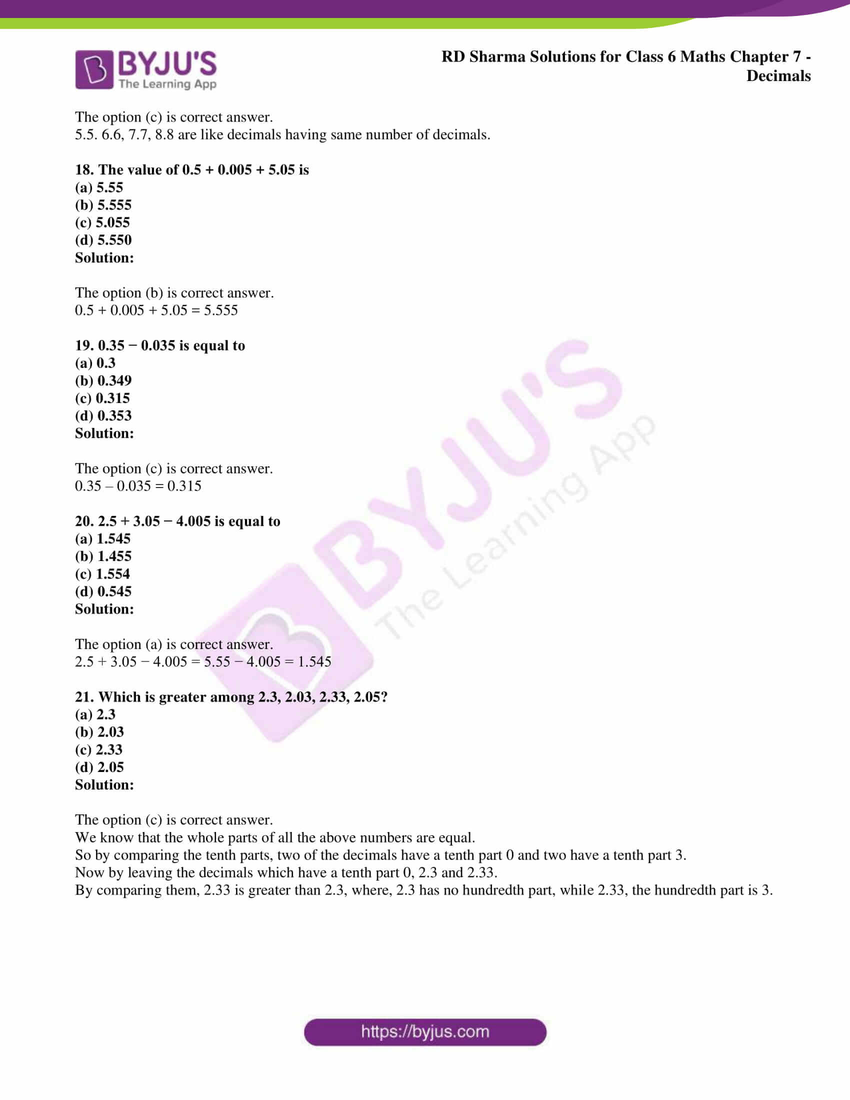 Rd Sharma Objective Mathematics Solutions Pdf Download RD Sharma Solutions for Class 6 Chapter 7 Decimals Objective Type