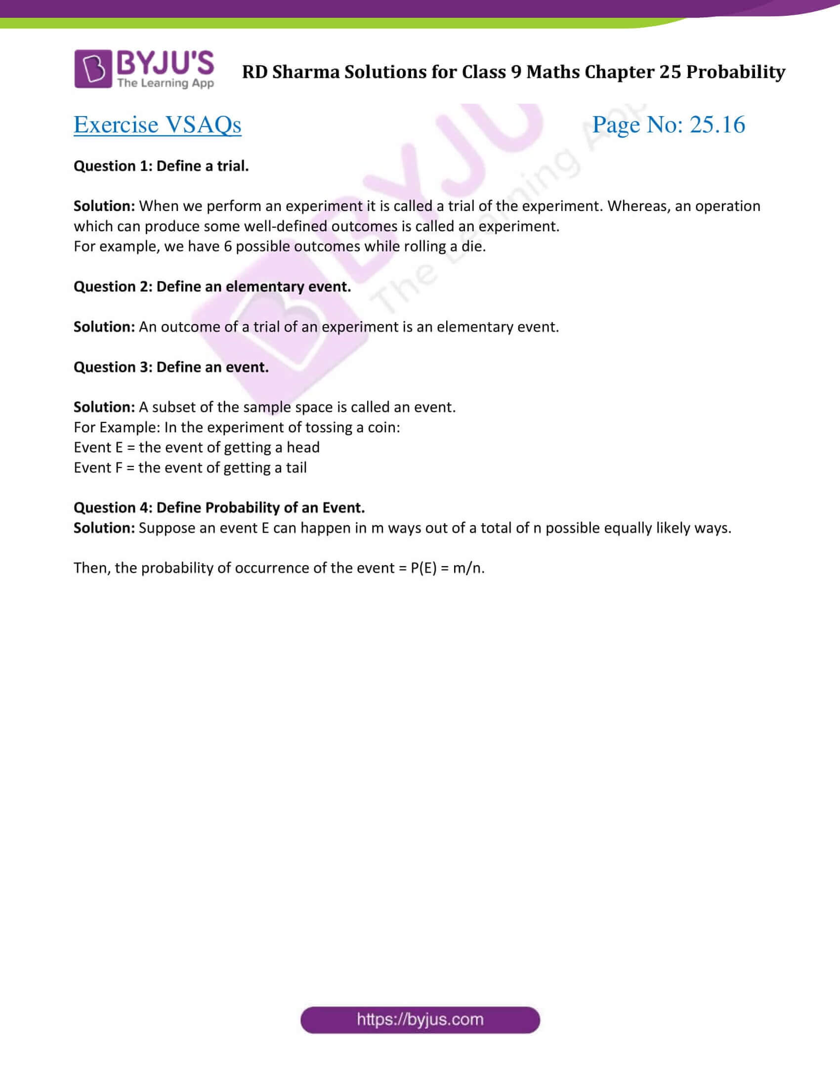 RD Sharma Solutions for Class 9 Maths Chapter 25 Probability Exercise VSAQs