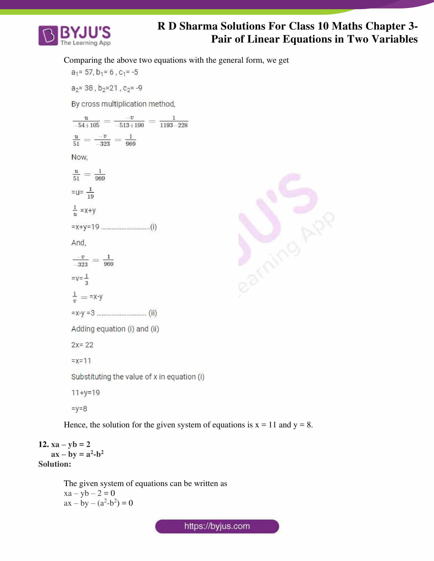 Rd Sharma Solutions For Class 10 Chapter 3 Pair Of Linear Equations In Two Variables