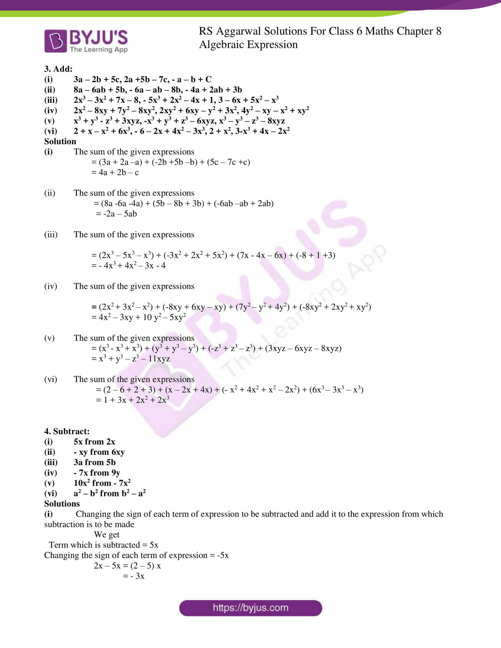 Rs aggarwal solutions for class 6 chapter 8 algebraic expressions 