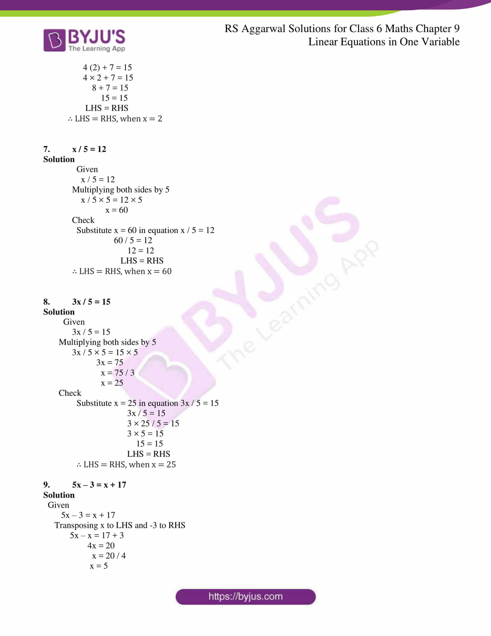 RS Aggarwal Solutions for Class 6 Chapter 9 Linear Equations in One