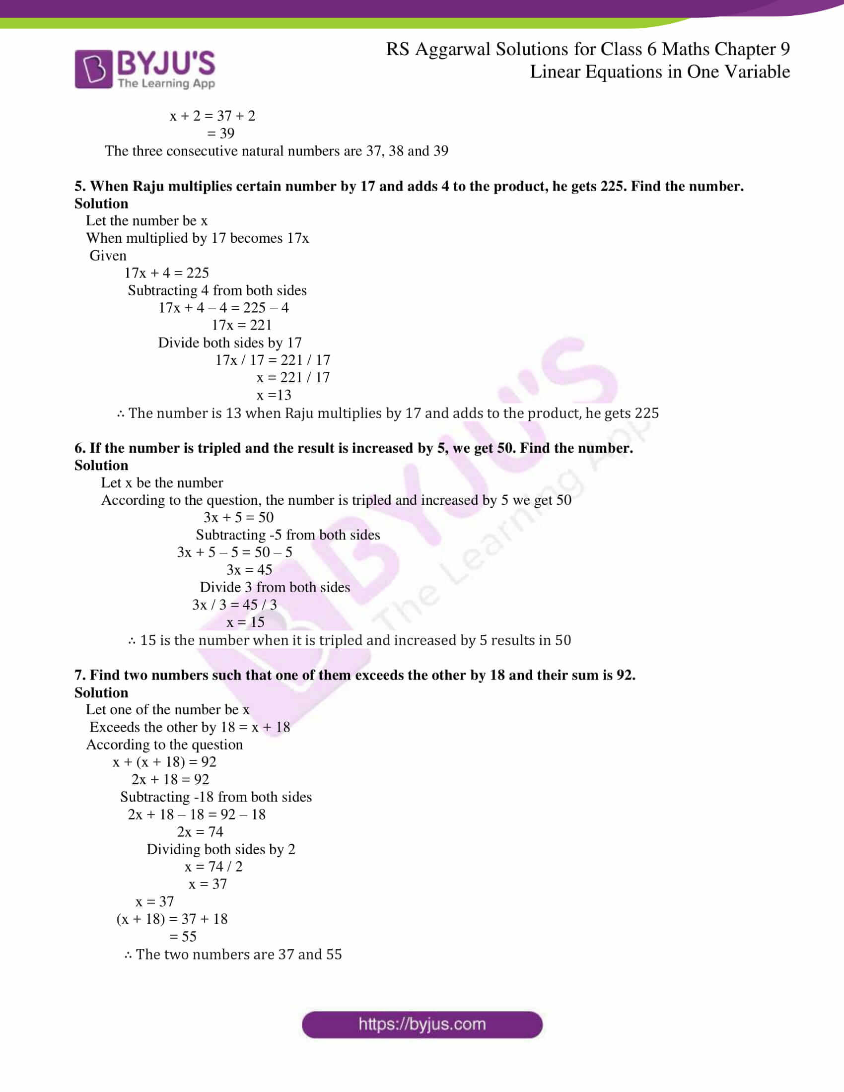 RS Aggarwal Solutions for Class 6 Chapter 9 Linear Equations in One