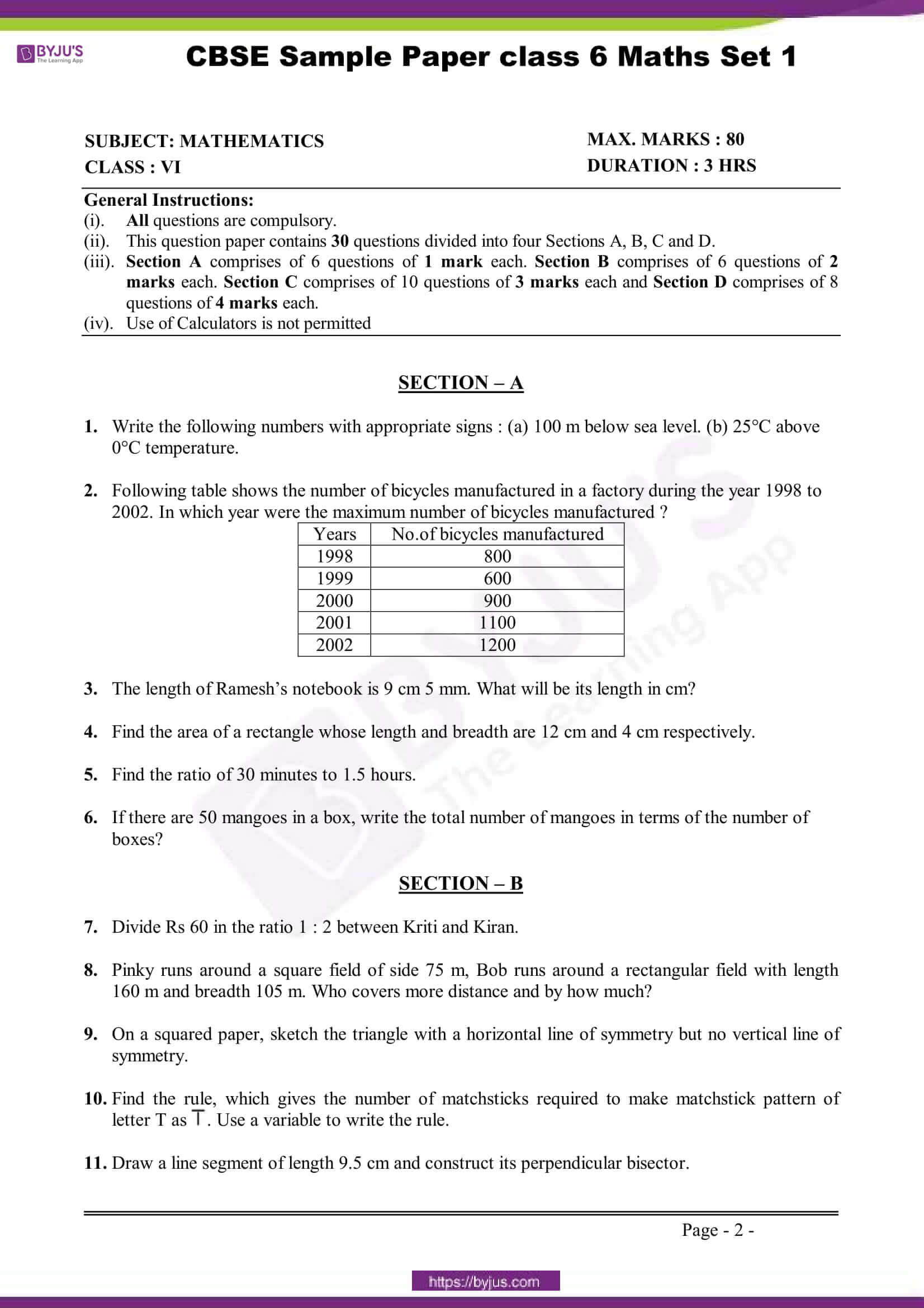 CBSE Sample Paper Class 6 Maths Set 1 1