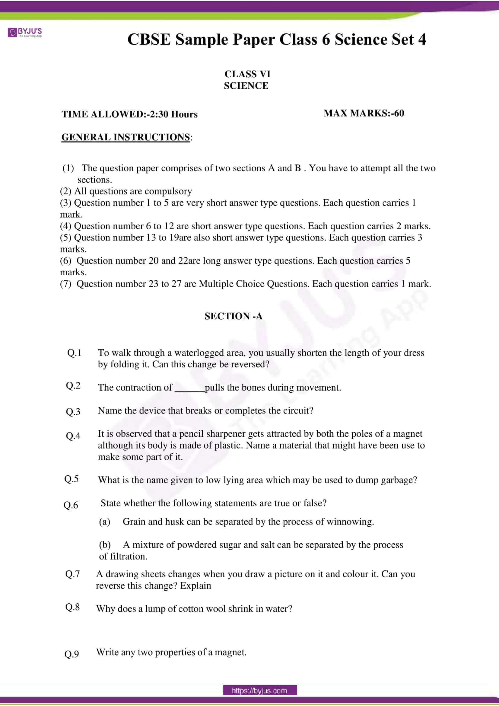 CBSE Sample Paper Class 6 Science Set 4 Download PDF