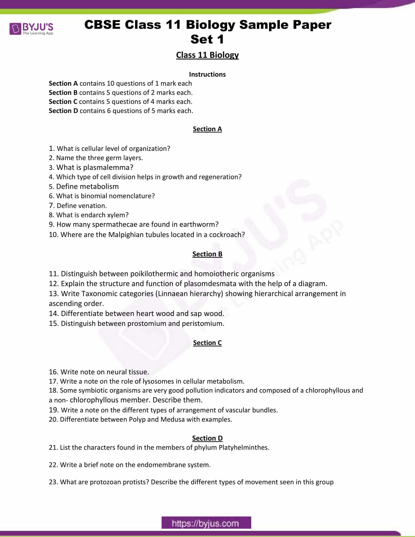 CBSE Sample Papers Class 11 Biology Set 1 - Download PDF!