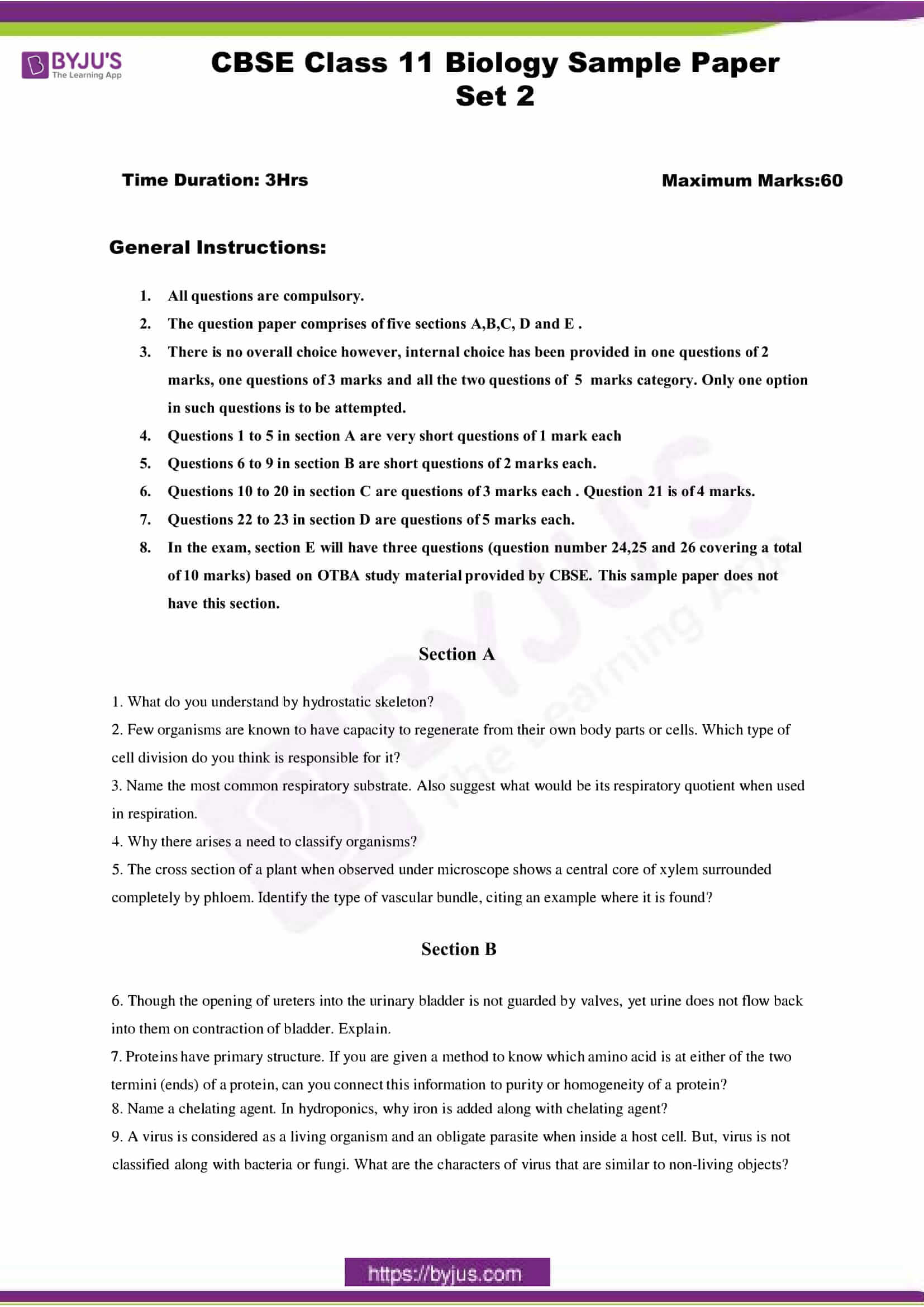 cbse class 11 bio sample paper set 2