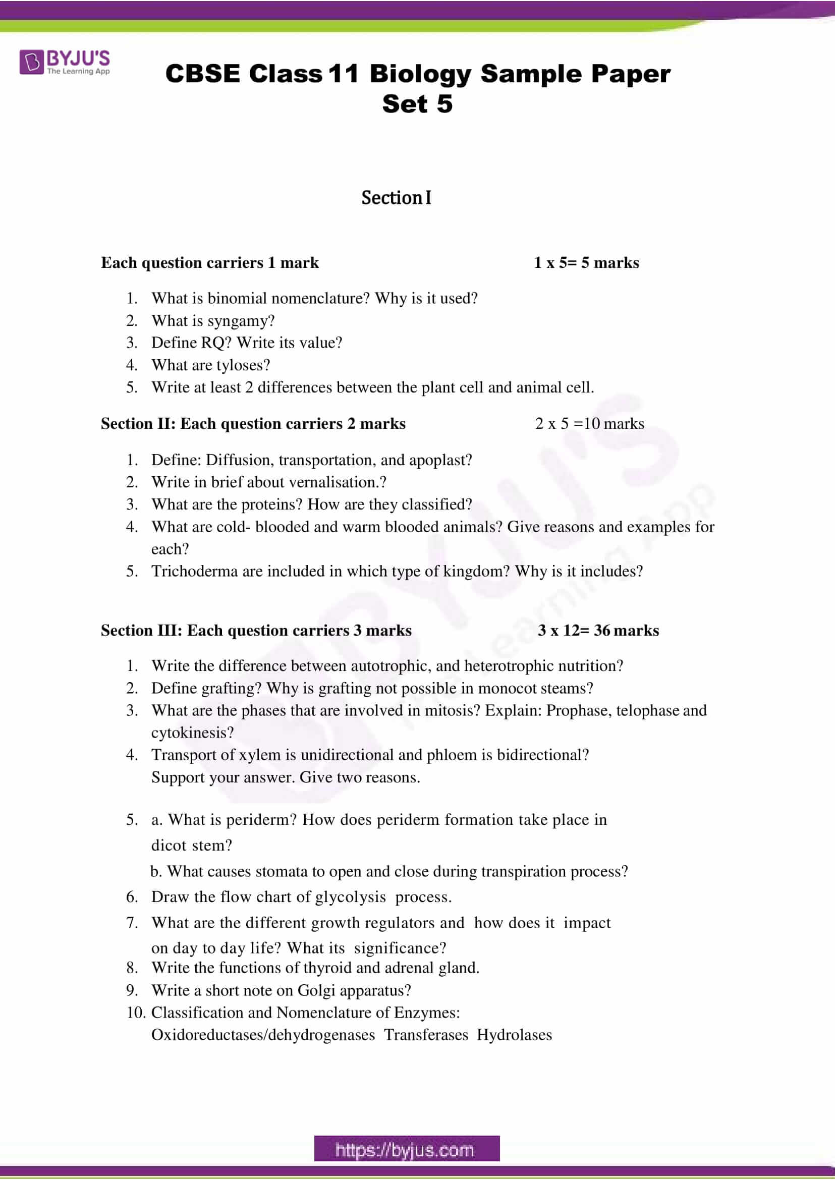 cbse class 11 bio sample paper set 5