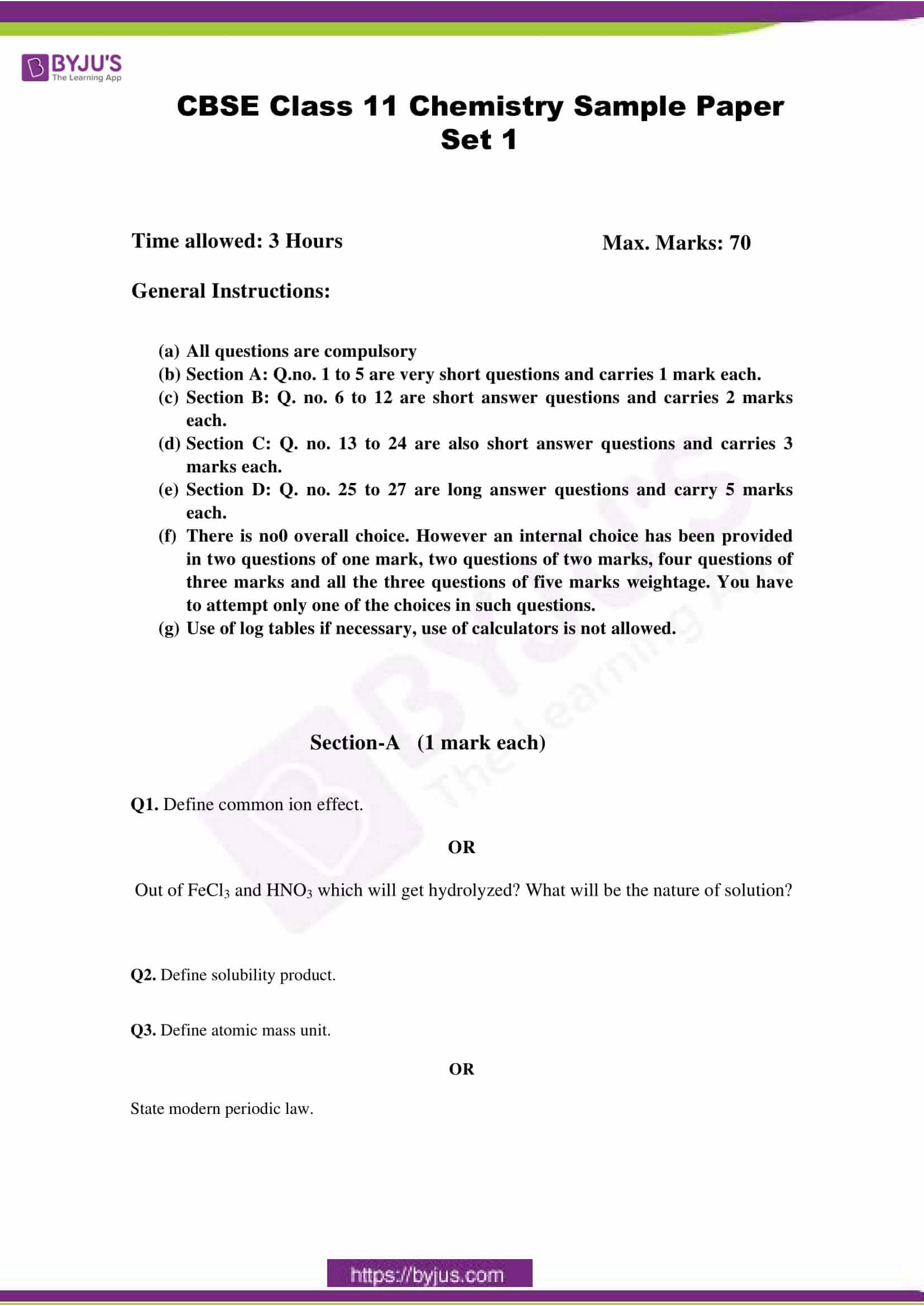 Get Cbse Class 11 Chemistry Sample Paper Set 1