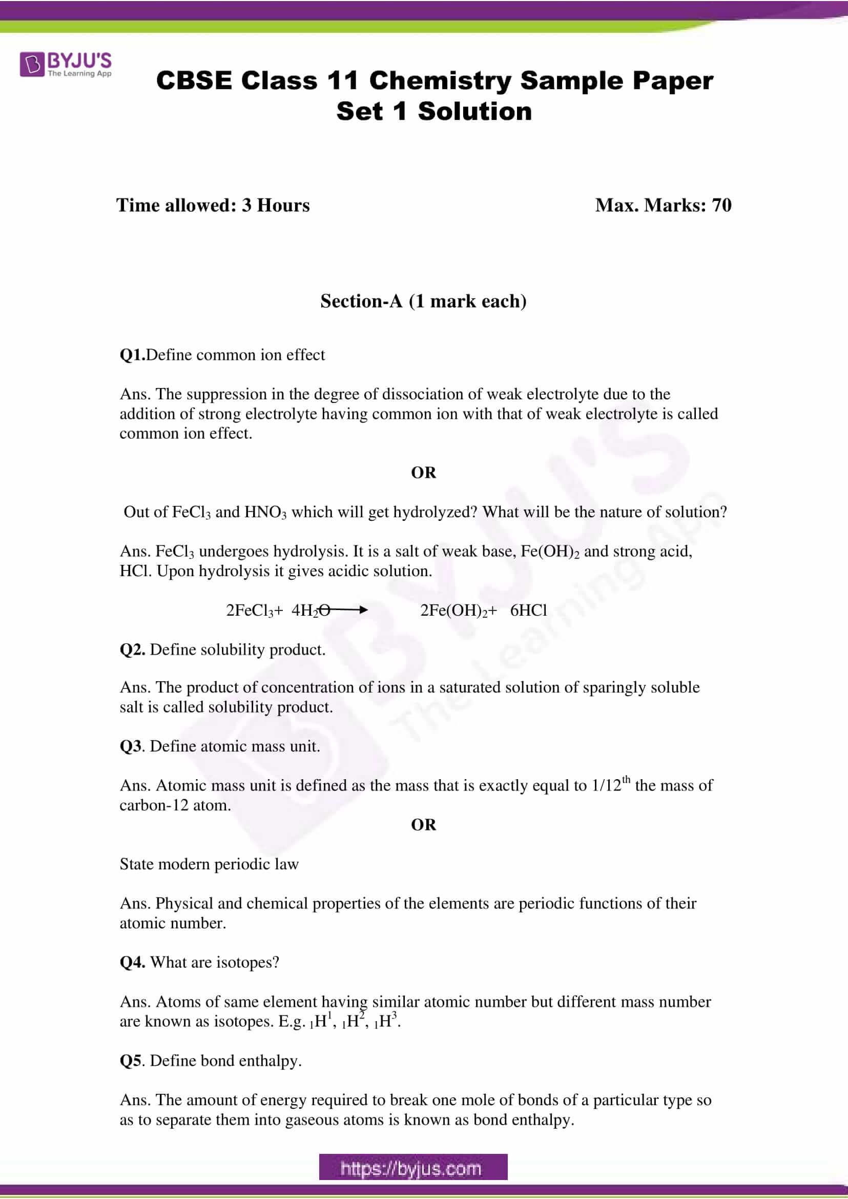 Cbse Class 11 Chemistry Sample Paper Set 1 Solution Free Pdf