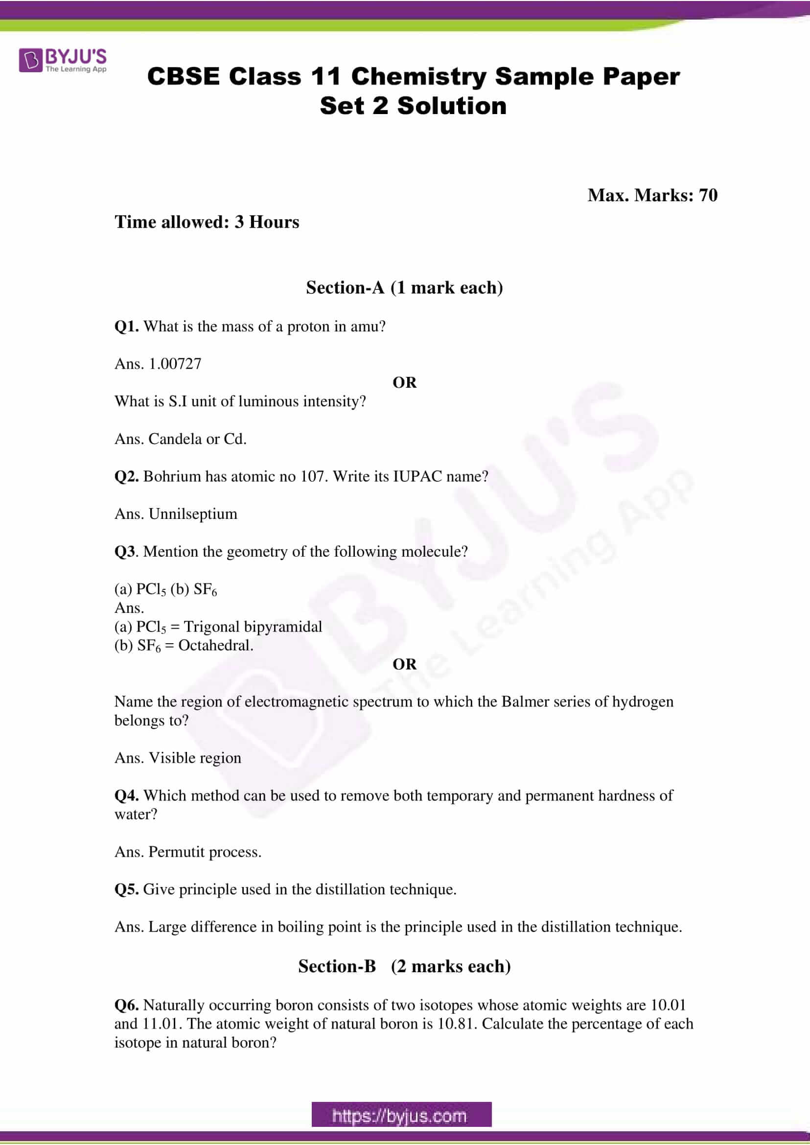 Cbse Class 11 Chemistry Sample Paper Set 2 Solution Free Pdf