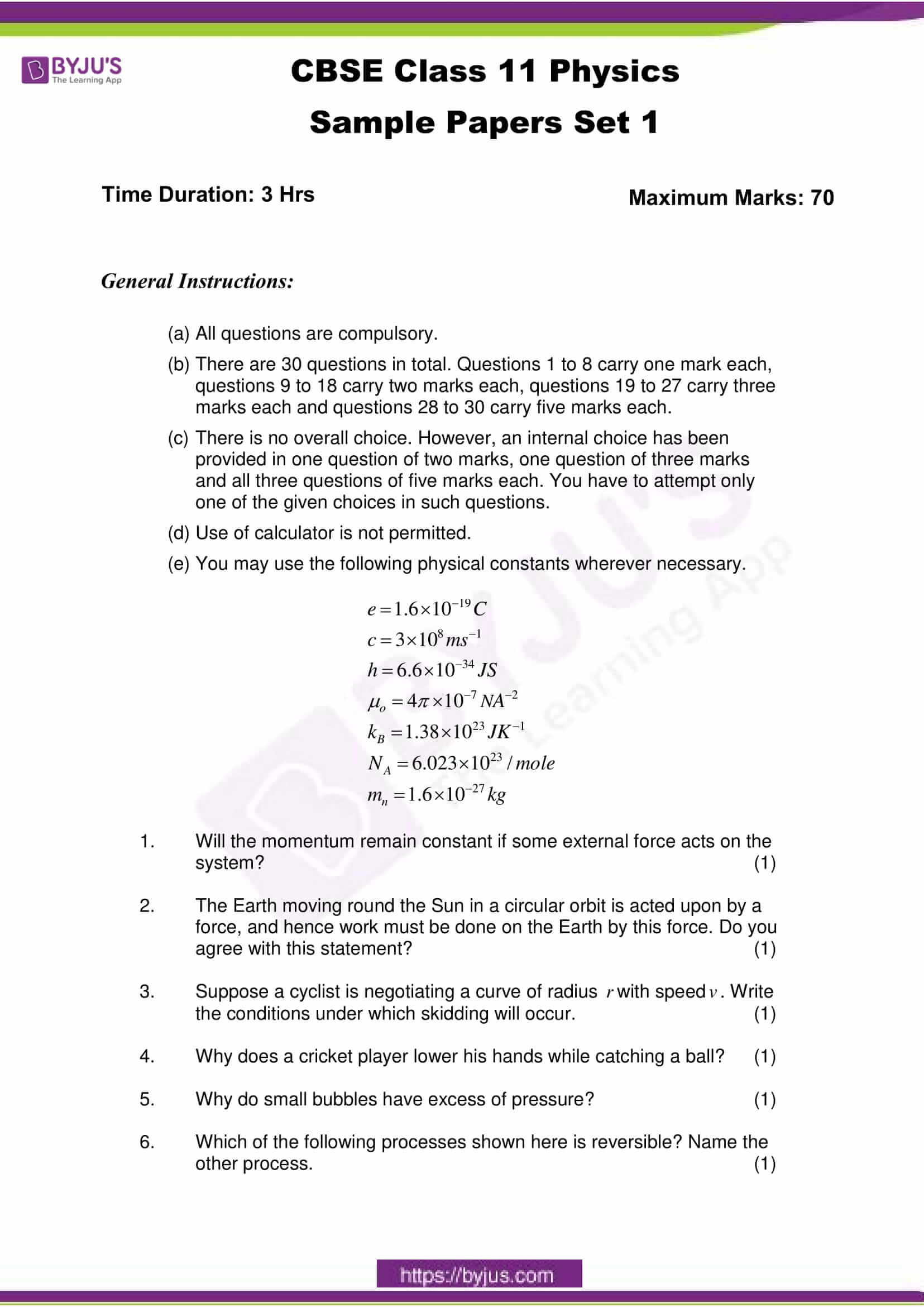 CBSE Class 11 Physics Sample Paper Set 1 Download PDF