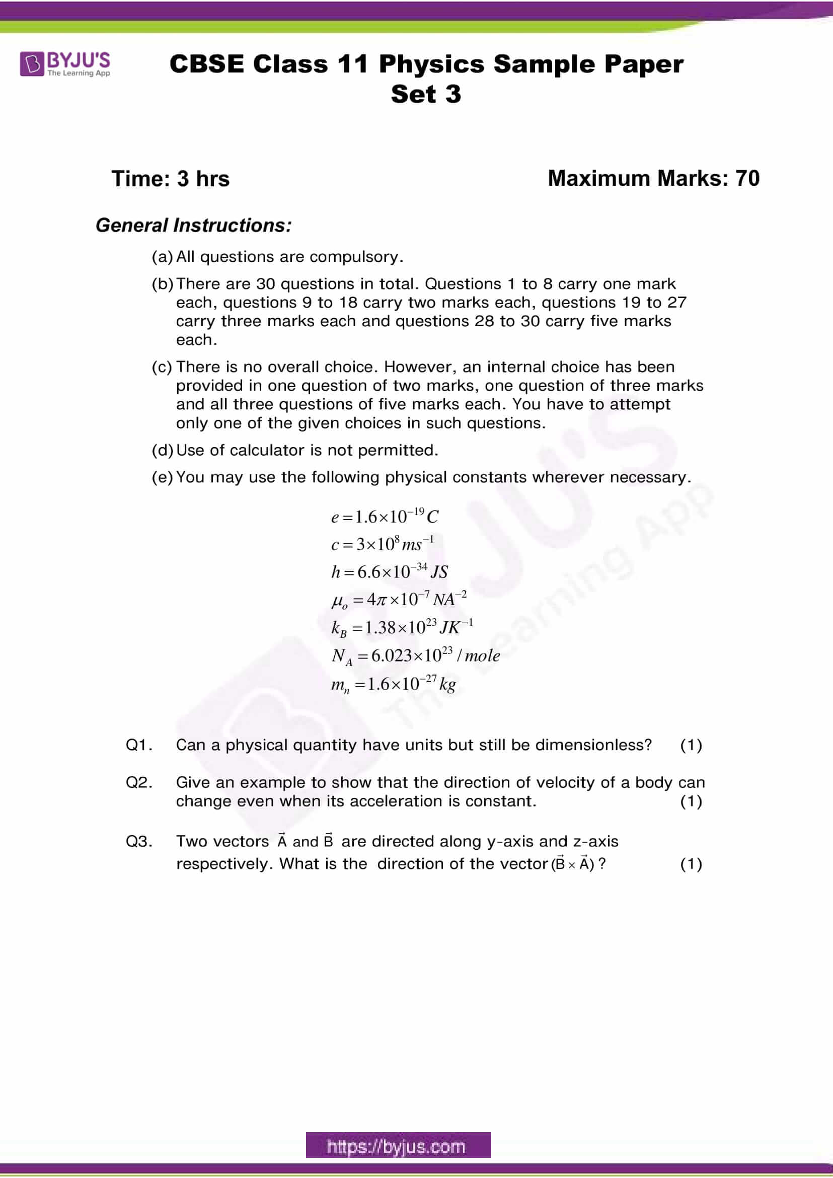 cbse class 11 phy sample paper set 3