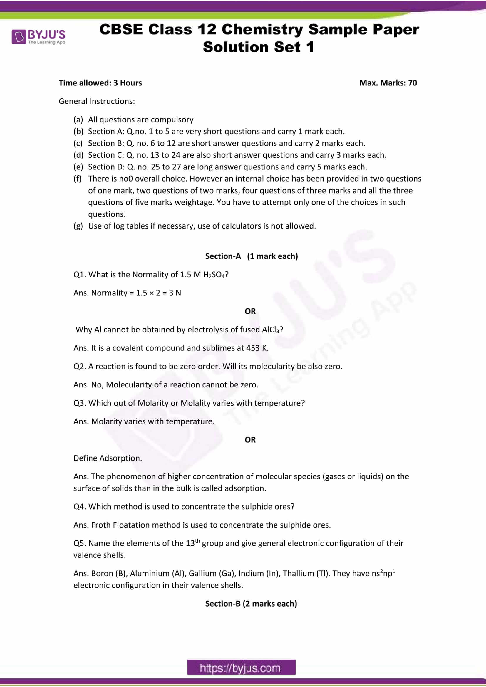 cbse class 12 chemistry sample paper solution set 1