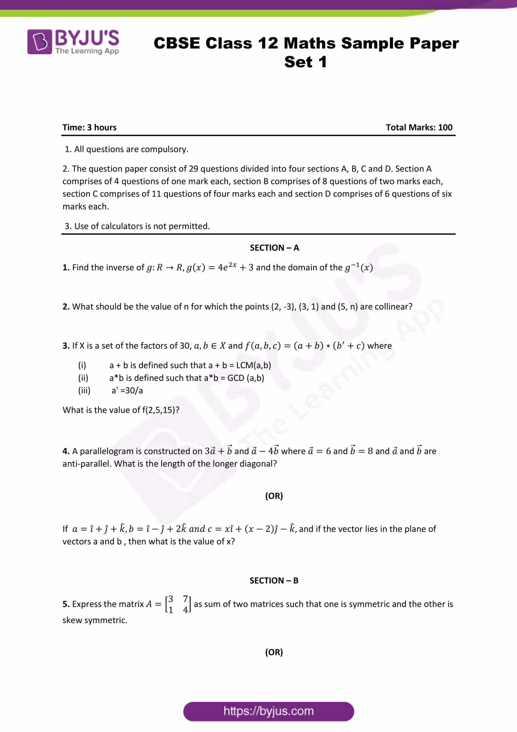 Icse 2024 Specimen Paper Solution Maths Image To U   Cbse Class 12 Maths Sample Paper Set 1 1 