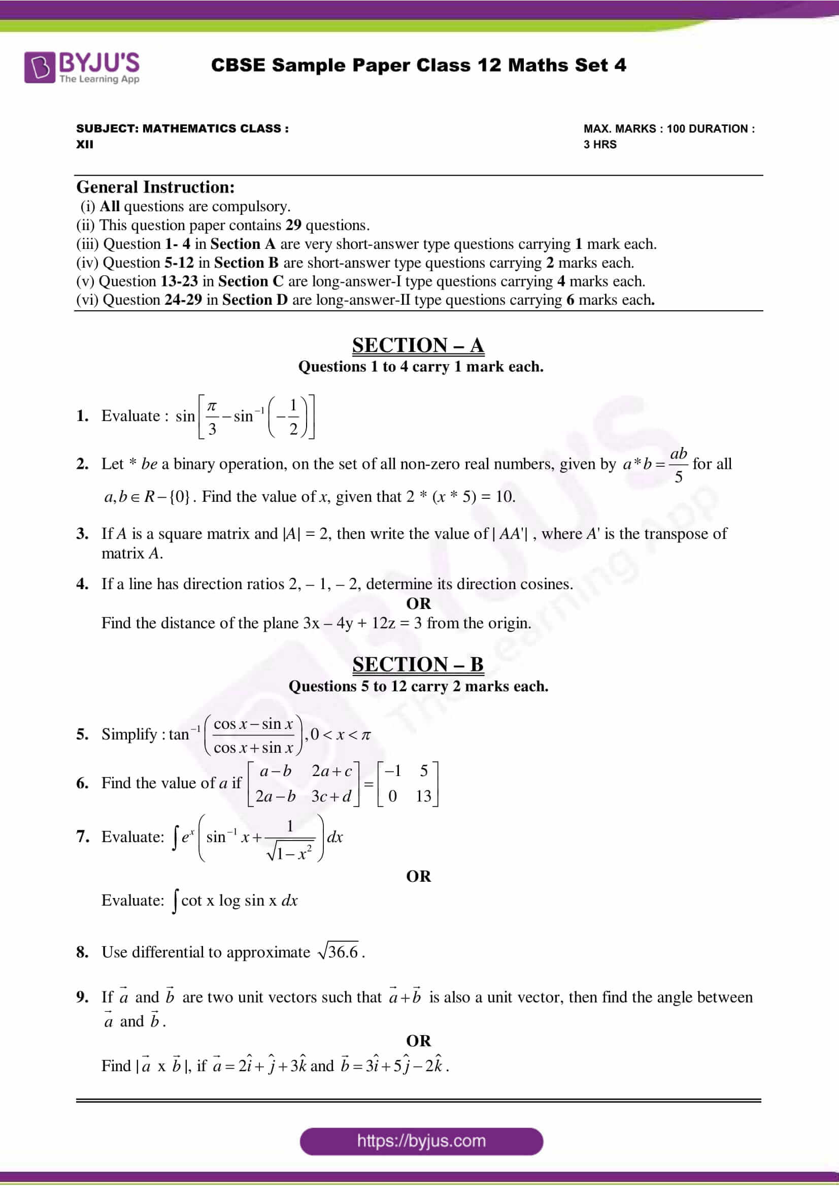 cbse class 12 maths sample paper set 4