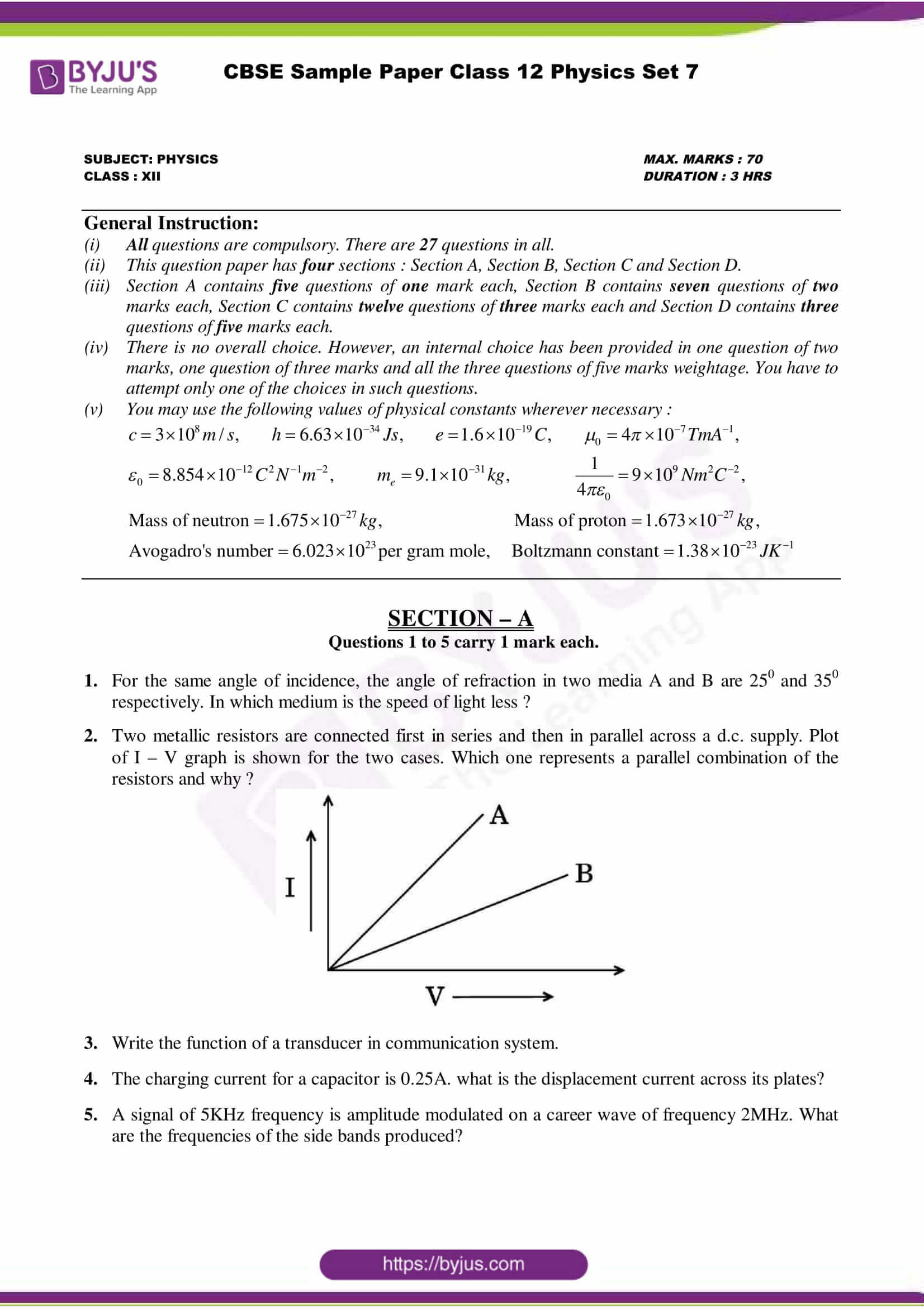 Cbse Class 12 Physics Sample Paper Set 7 Click To Download Pdf