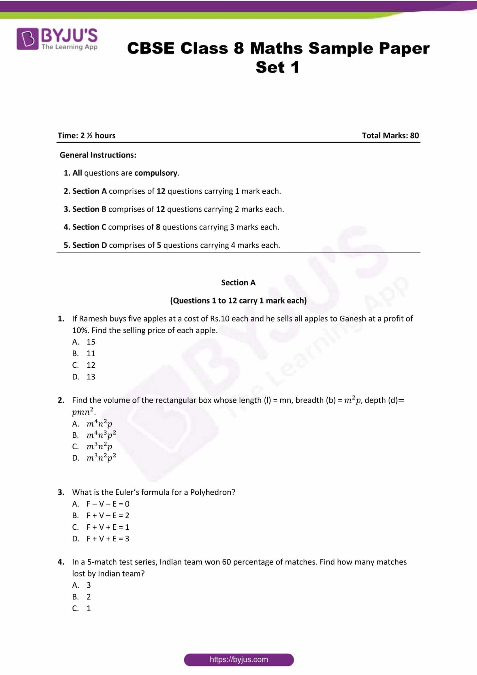 CBSE Class 8 Maths Sample Papers Set 1 Downlaod Now