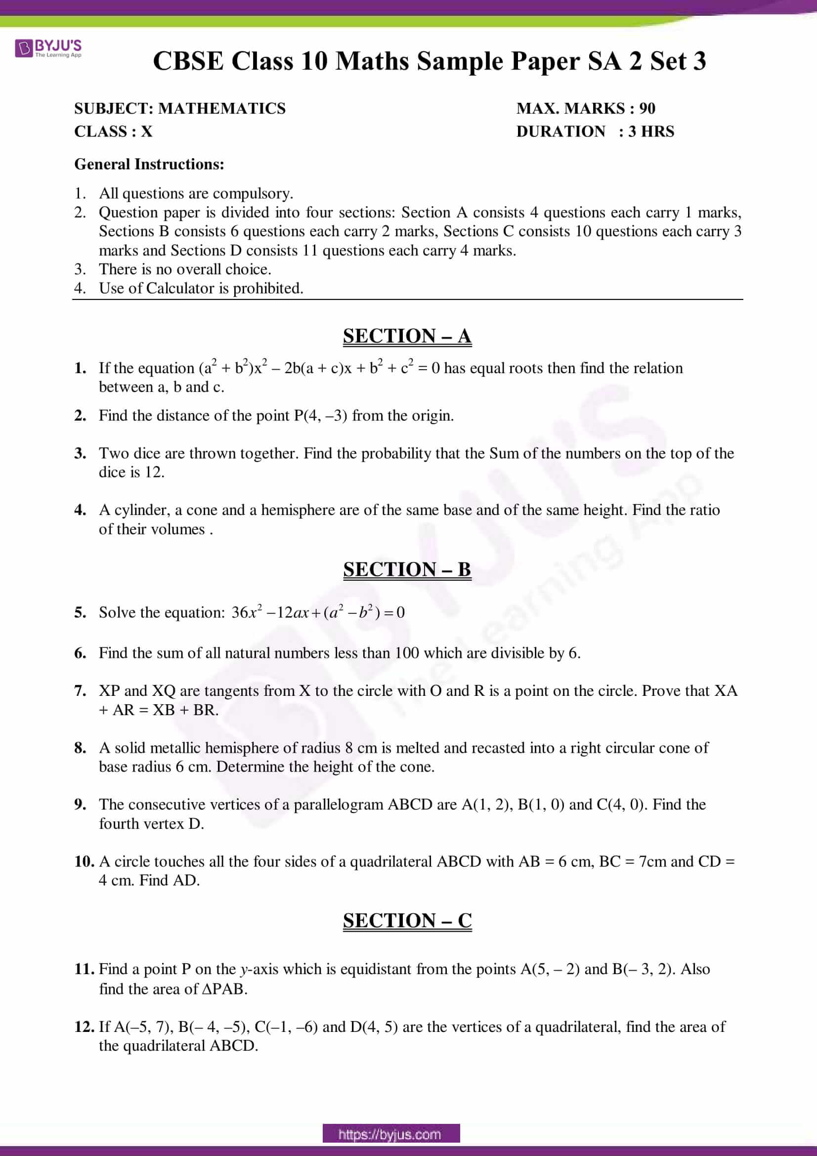 cbse sample paper class 10 maths sa 2 set 3