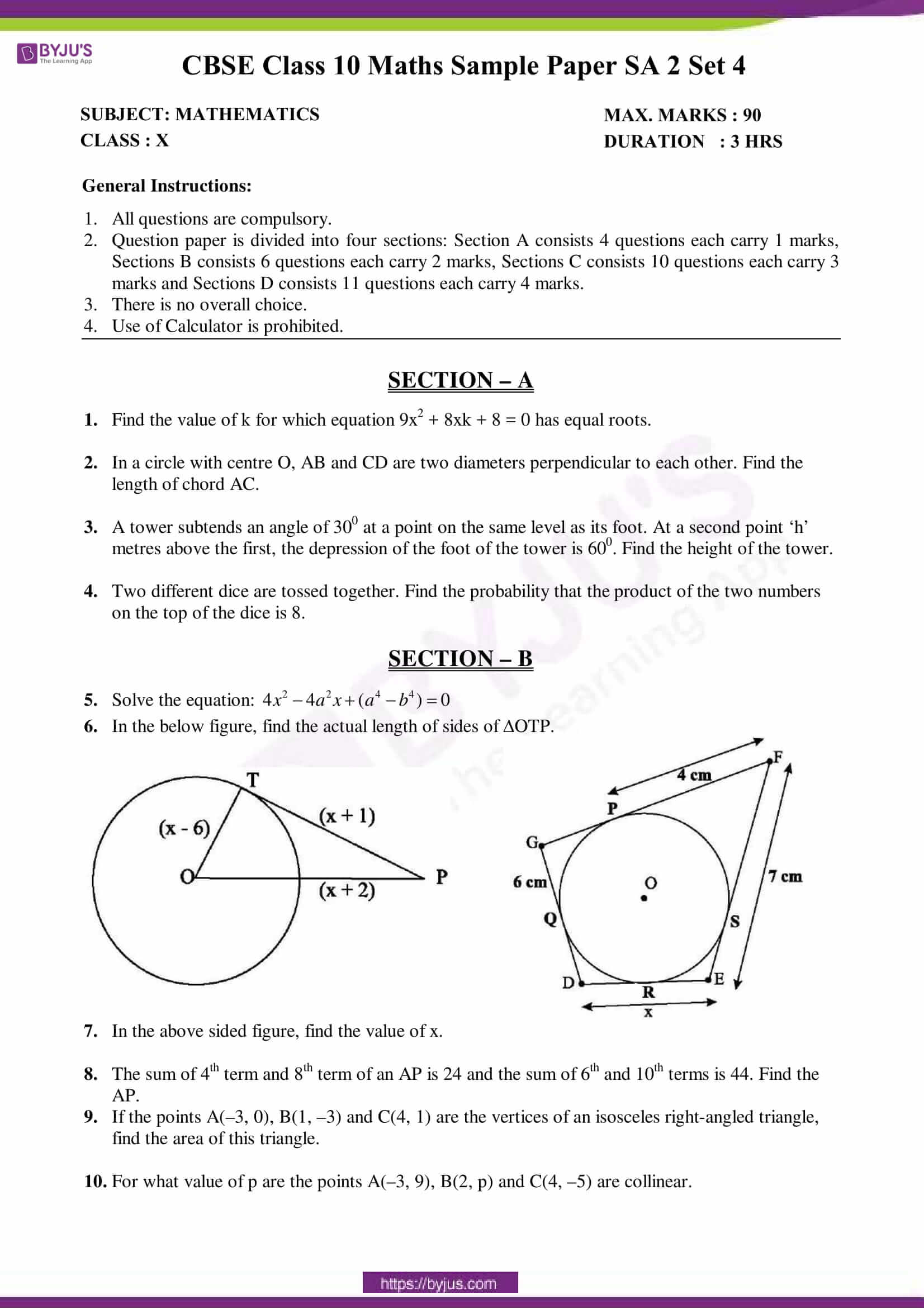 CBSE Sample Papers Class 10 SA 2 Maths Set 4 Download PDF 