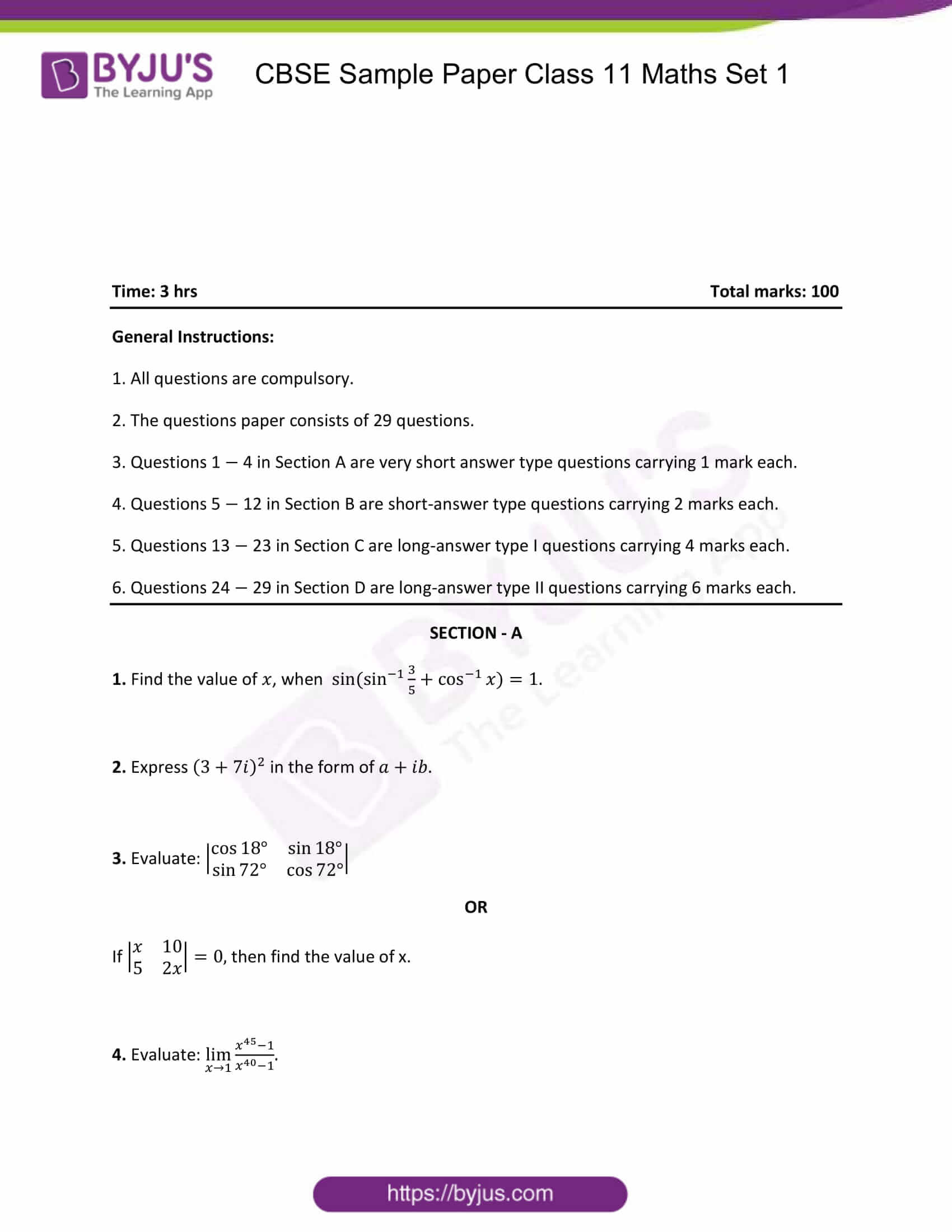 CBSE Class 11 Maths Sample Paper Set 1 - Free Download