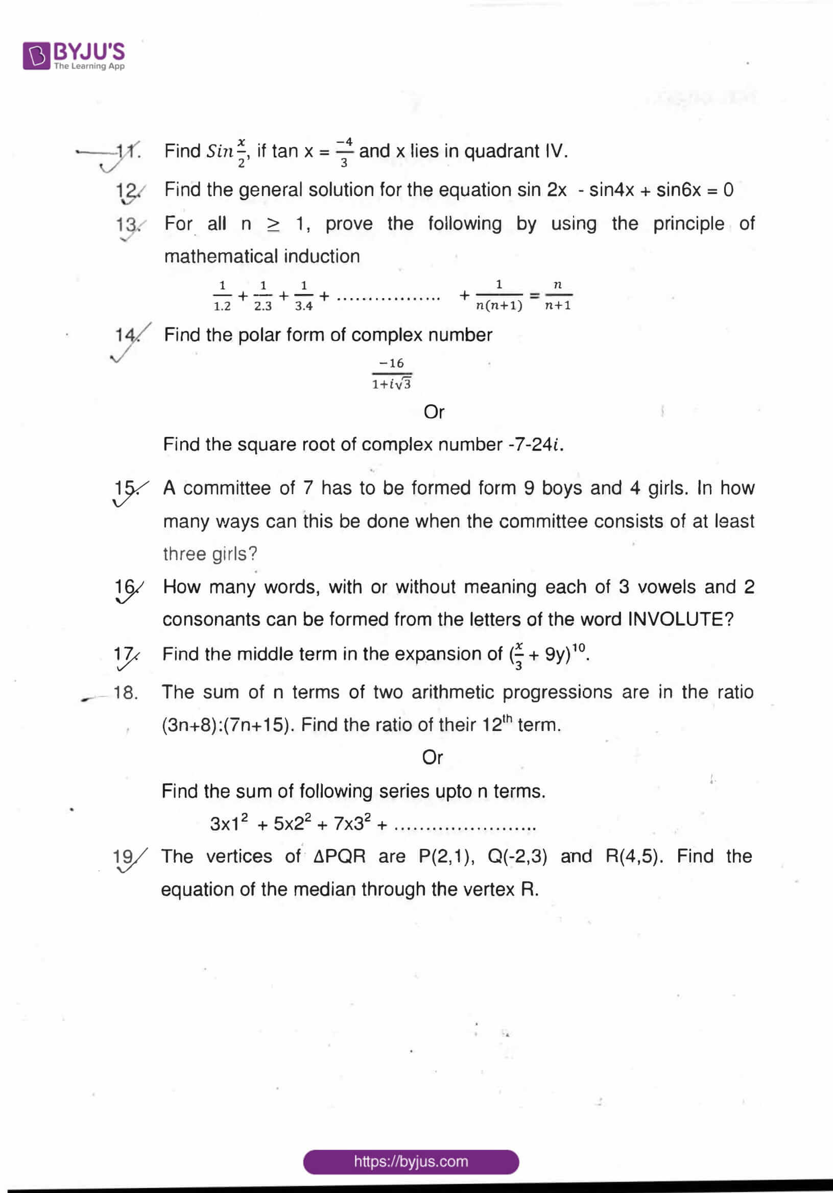 CBSE Class 11 Maths Sample Paper Set 10 for Free Downloading