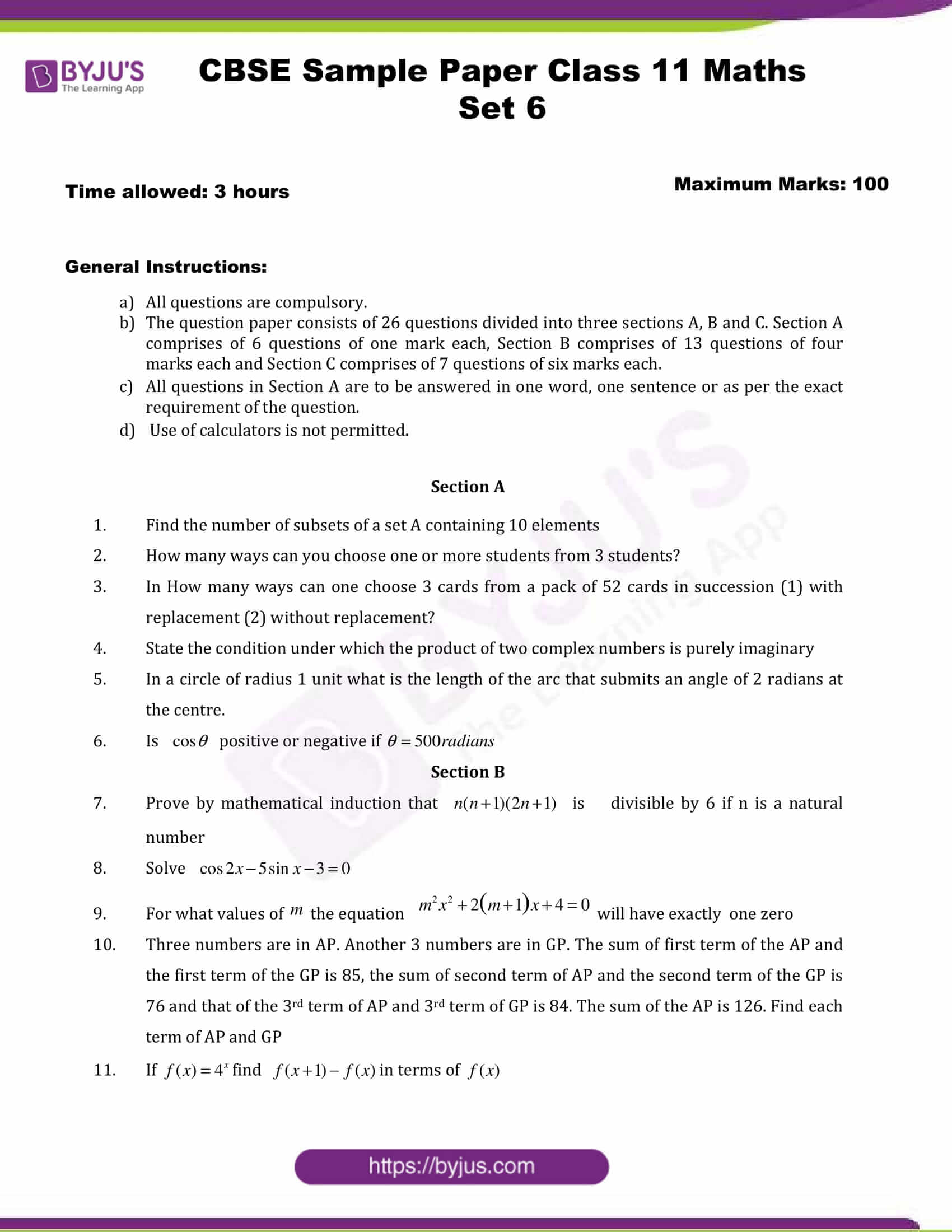 cbse sample paper class 11 maths set 6