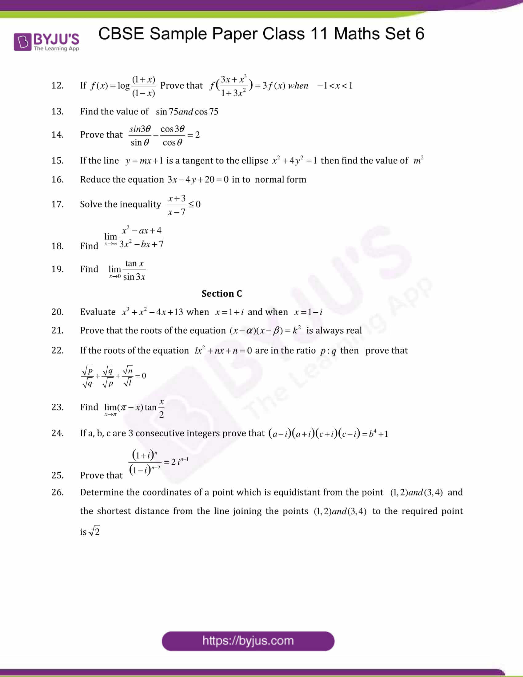 cbse sample paper class 11 maths set 6