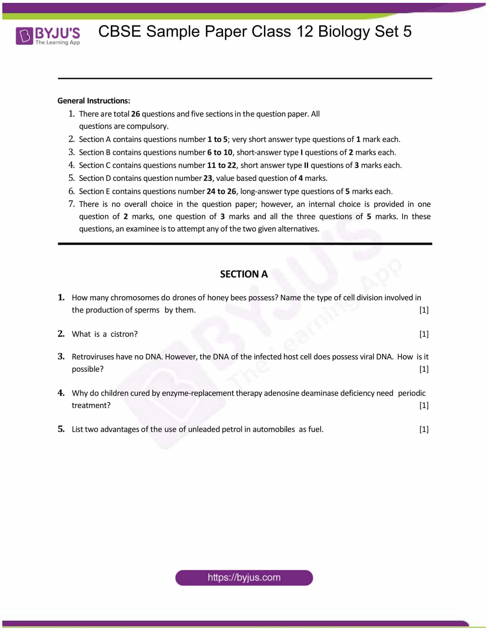 CBSE Class 12 Biology Sample Paper Set 5 - Download PDF!