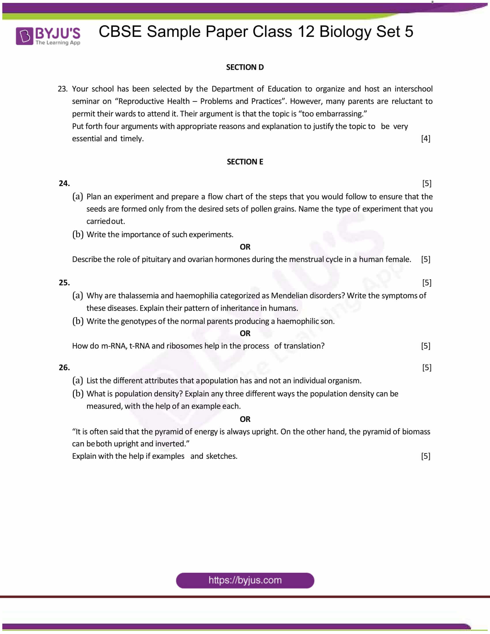 CBSE Class 12 Biology Sample Paper Set 5 - Download PDF!