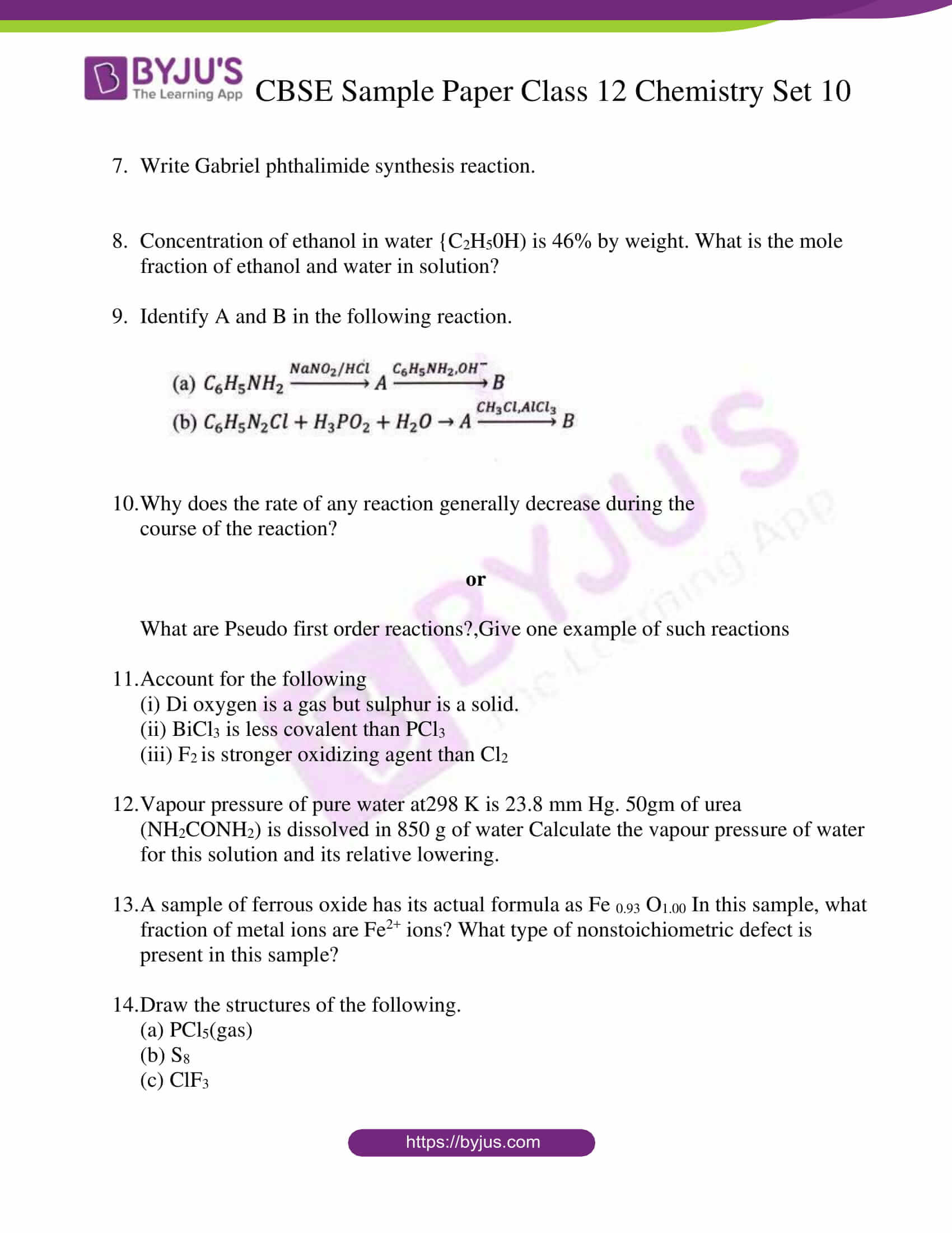 Cbse Class 12 Chemistry Sample Paper Set 10 Download Now 7432