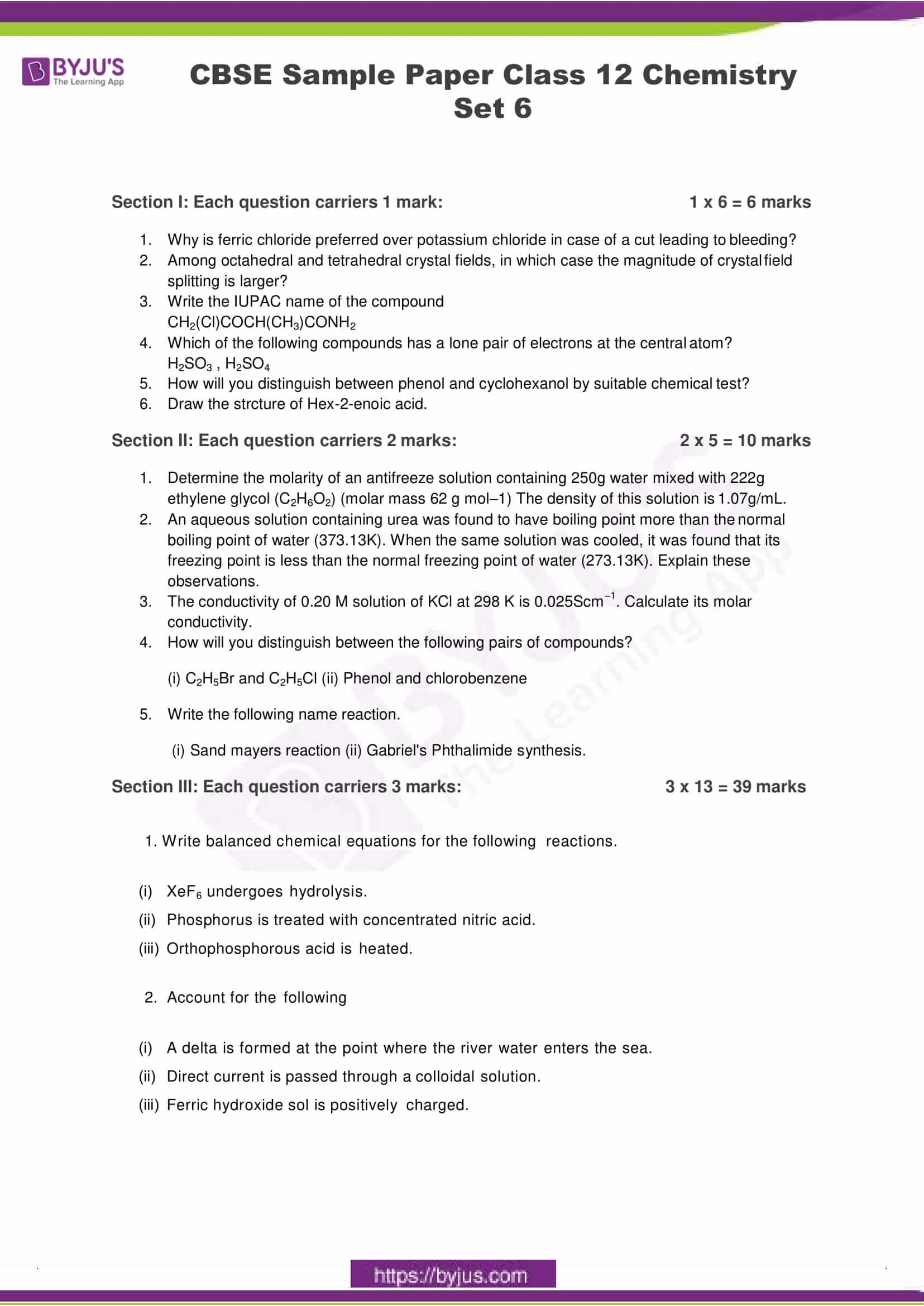 cbse sample paper class 12 chemistry set 6