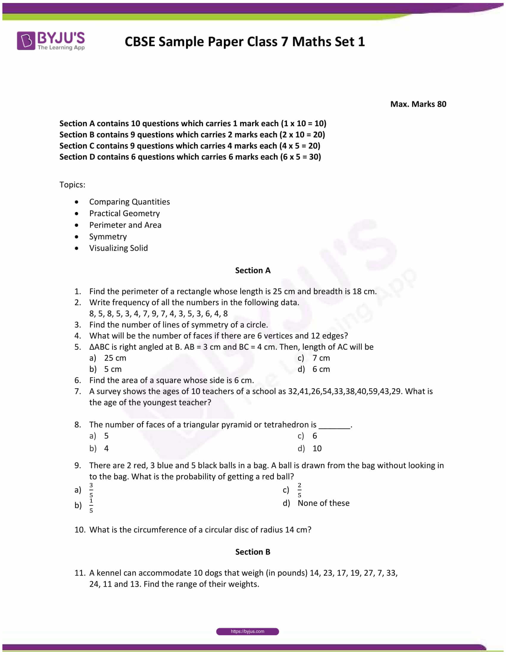 cbse sample paper class 7 maths set 1