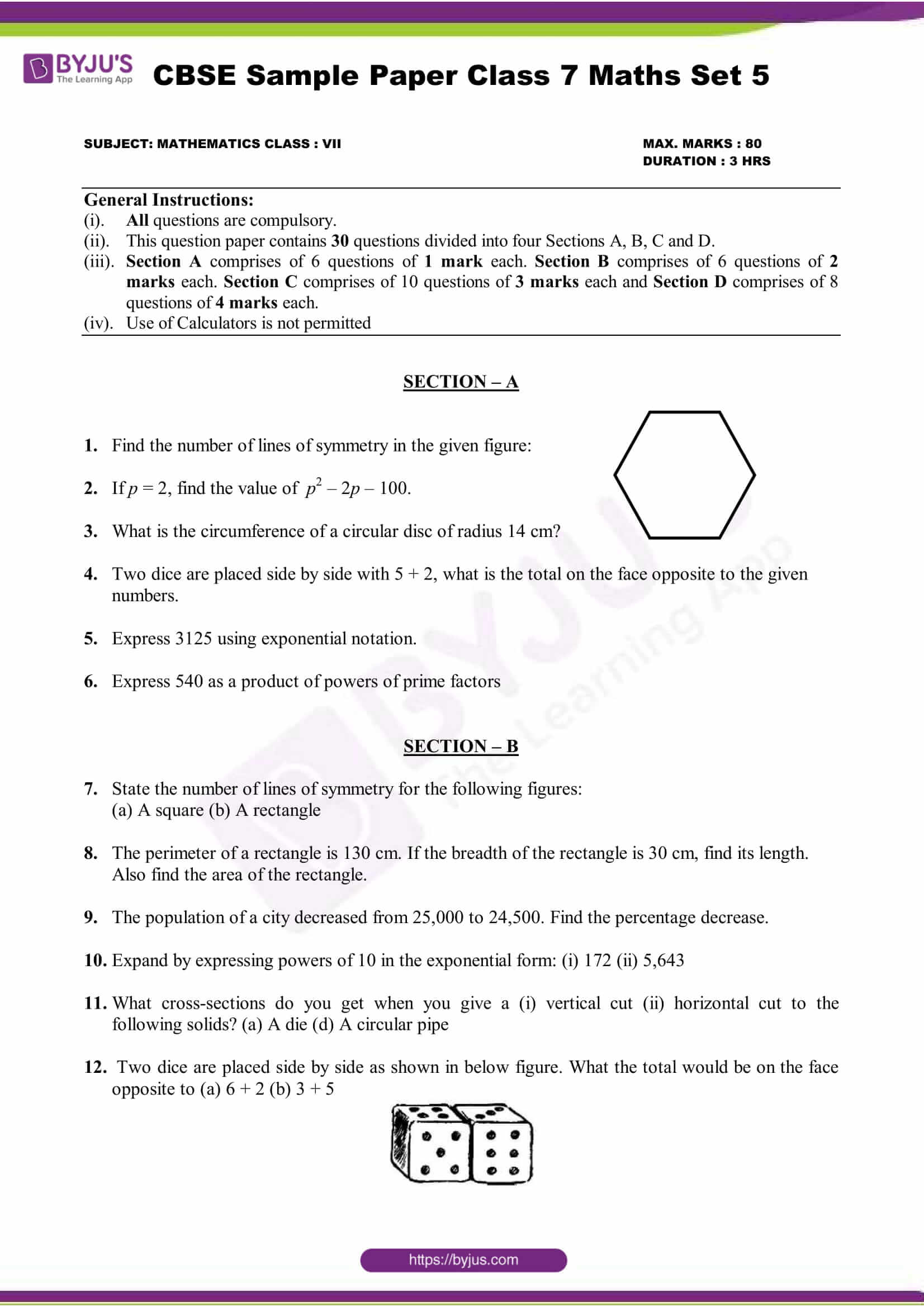 Class 7 Maths Sample Paper 2023 24 Byju S