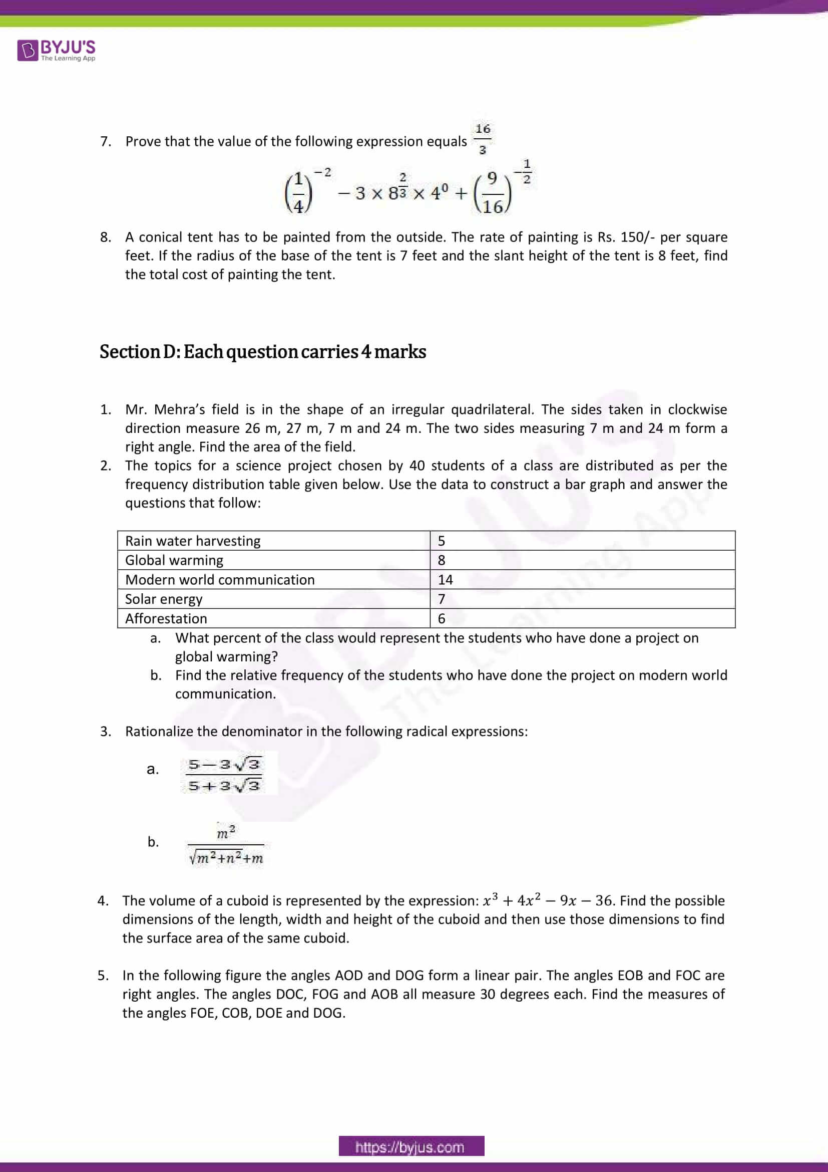 cbse sample paper class 9 maths set 10