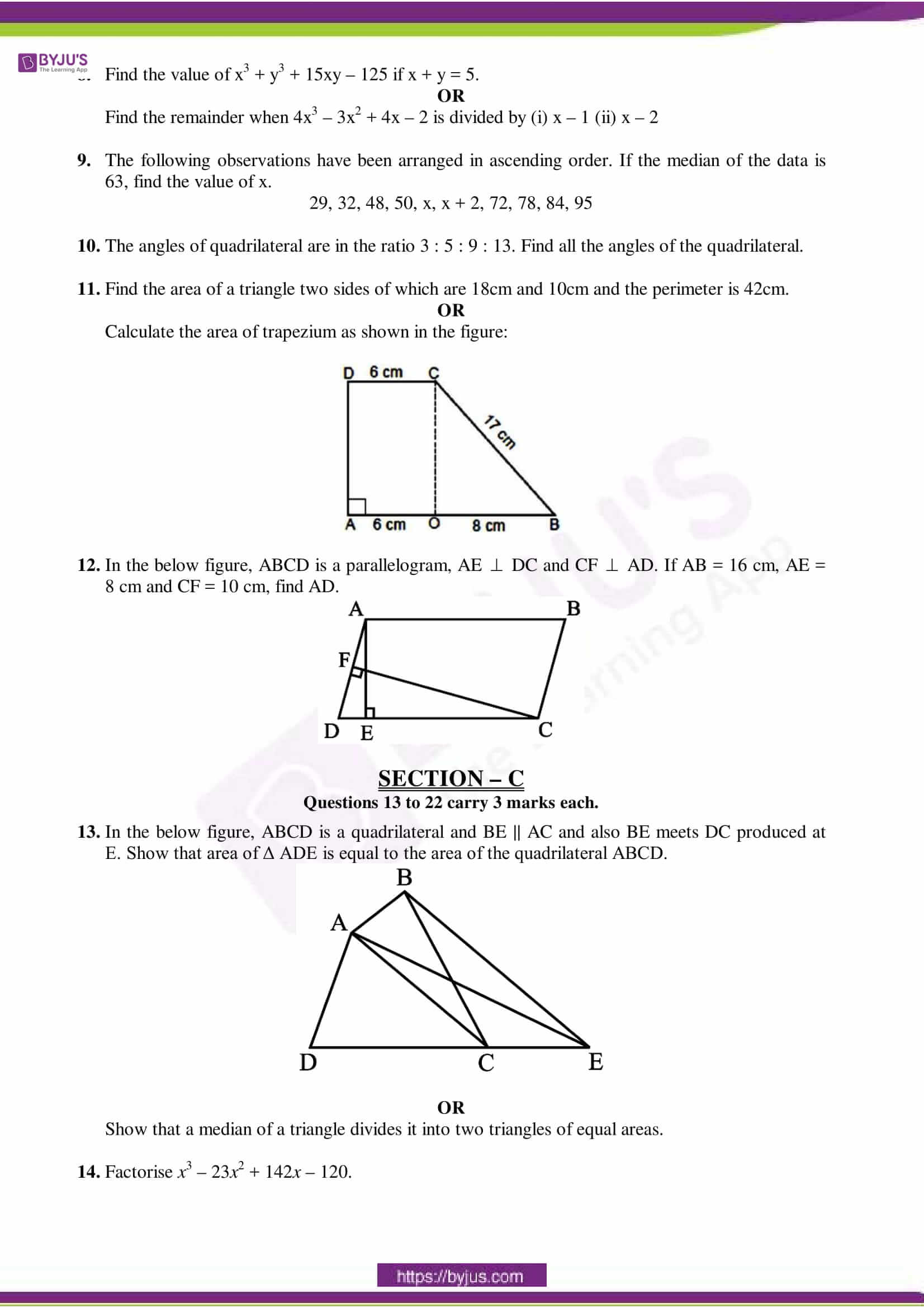 CBSE Class 9 Maths Sample Paper Set 2 - Download Here