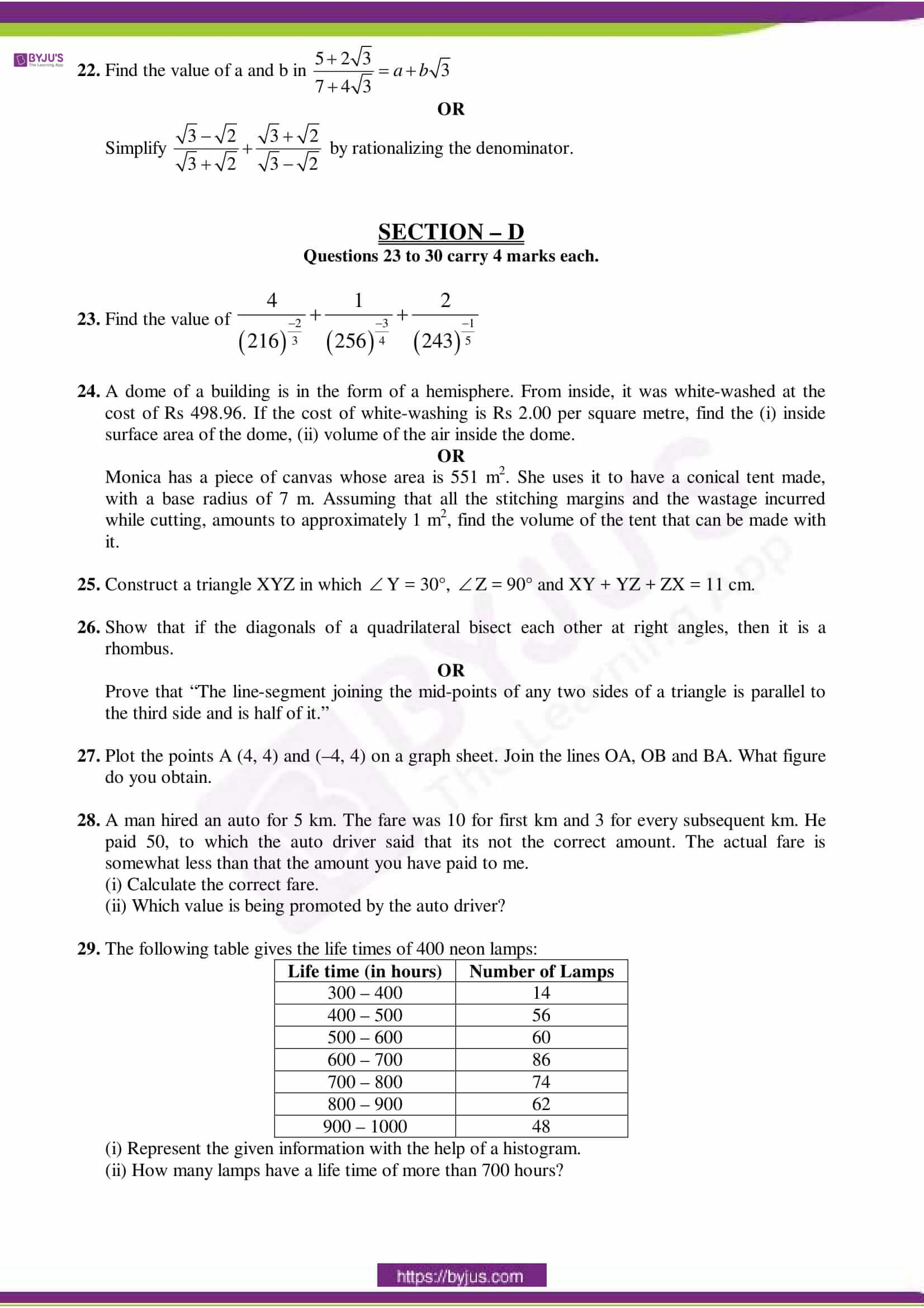 Class 9 Sample Paper Maths 2023 24 - Image to u